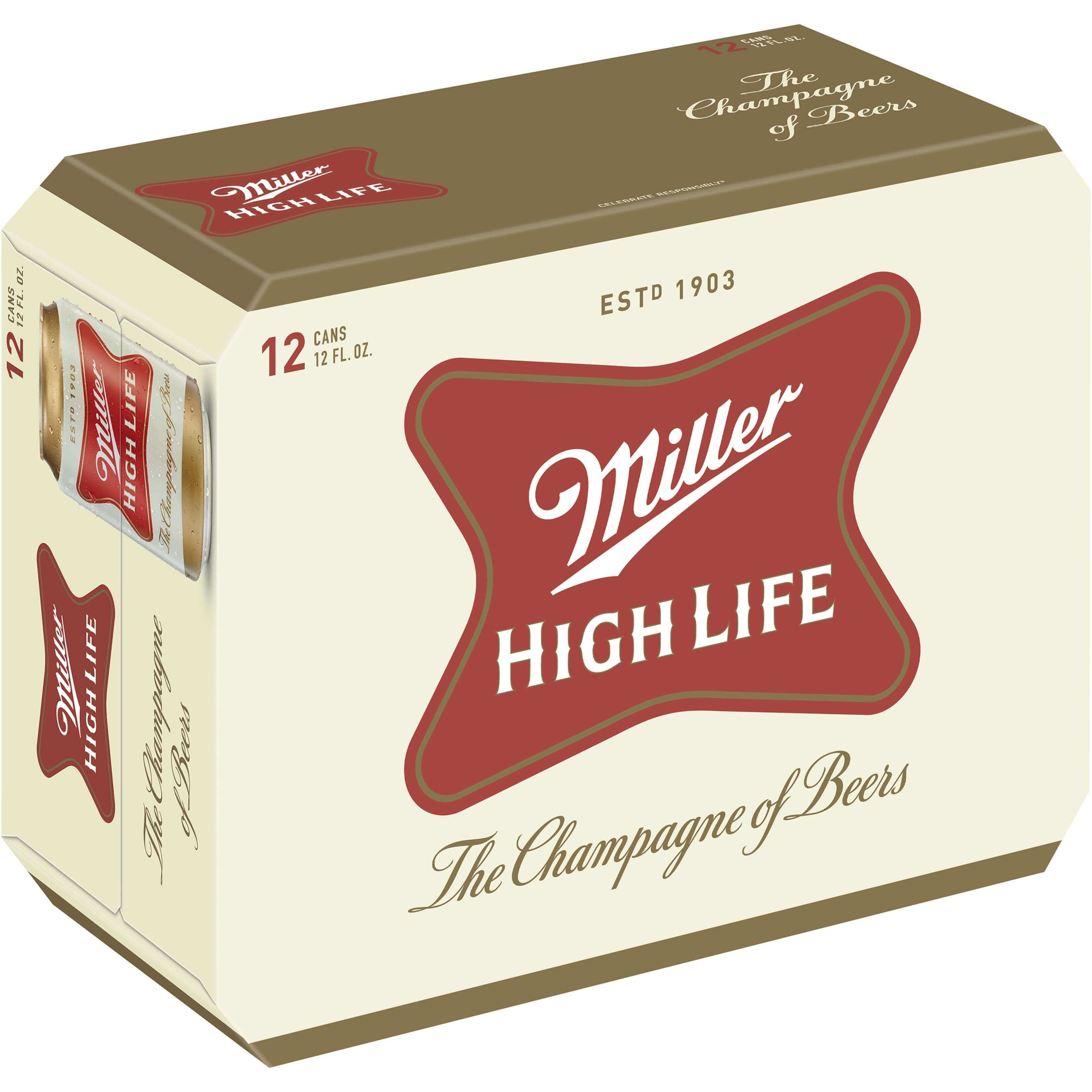 Miller High Life 12 Pack, 12oz Cans featuring classic branding, American lager style, known for crisp taste, by Miller Brewing Company.