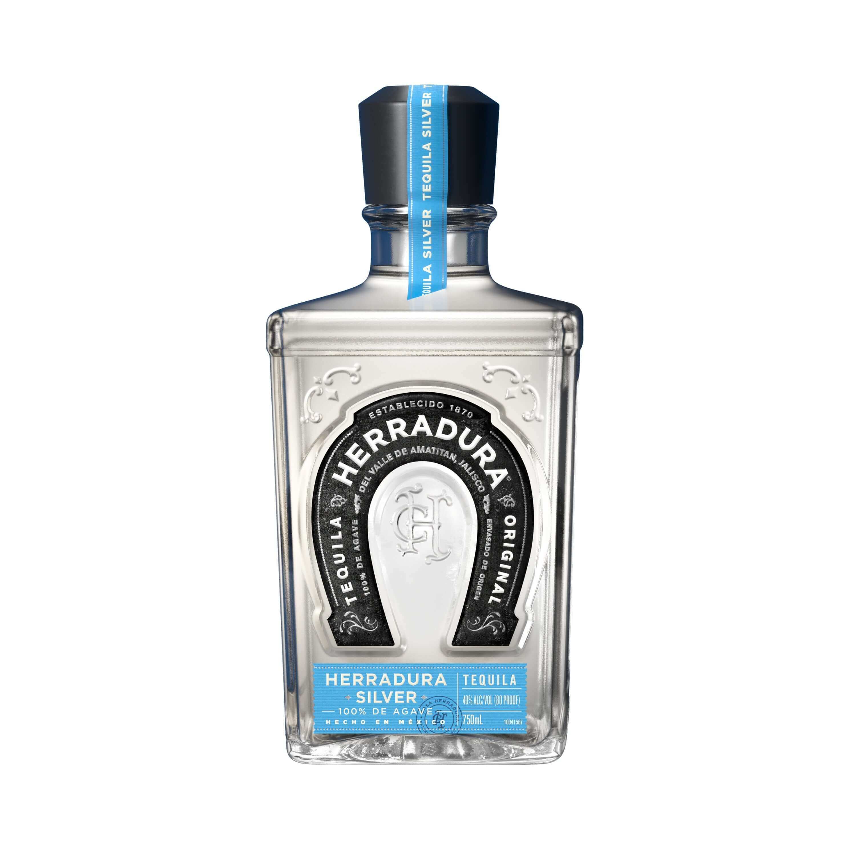 Bottle of Herradura Silver Tequila 750ml, premium Blanco rested for 45 days, made from 100% Blue Weber agave.