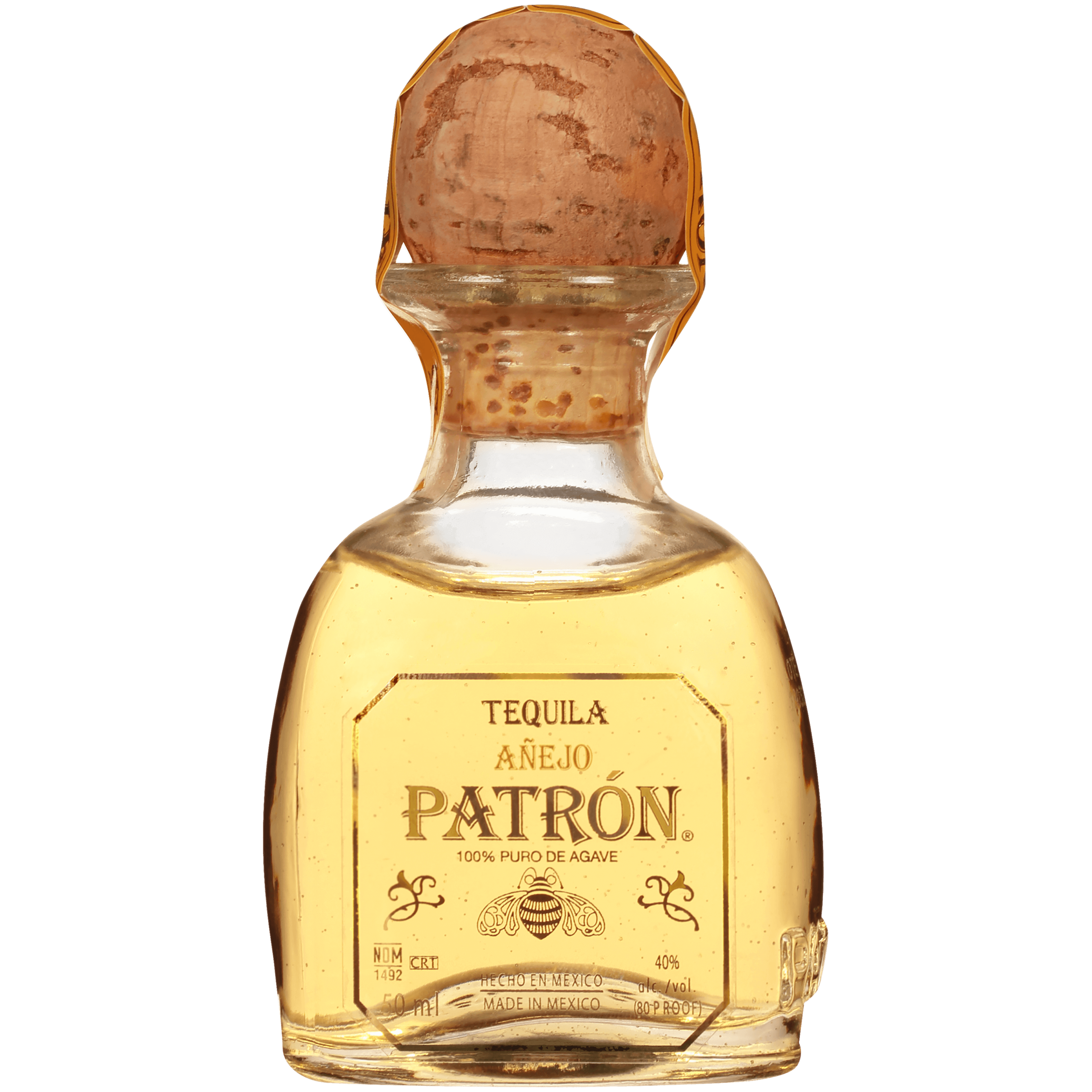 Patrón Añejo Tequila 50ml bottle, aged in French, Hungarian, and American barrels, from Atotonilco El Alto, Jalisco.
