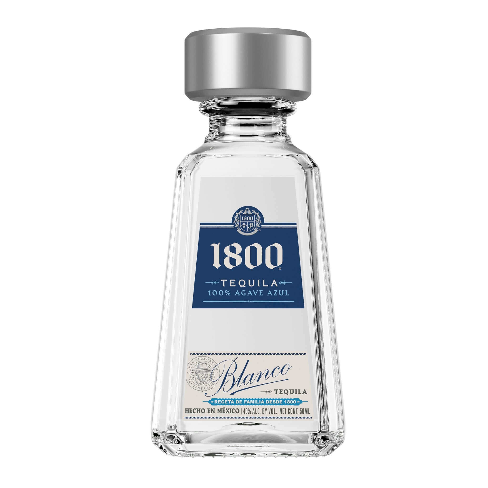1800 Blanco Tequila 50ml bottle, premium 100% Blue Weber agave, double-distilled, smooth and versatile