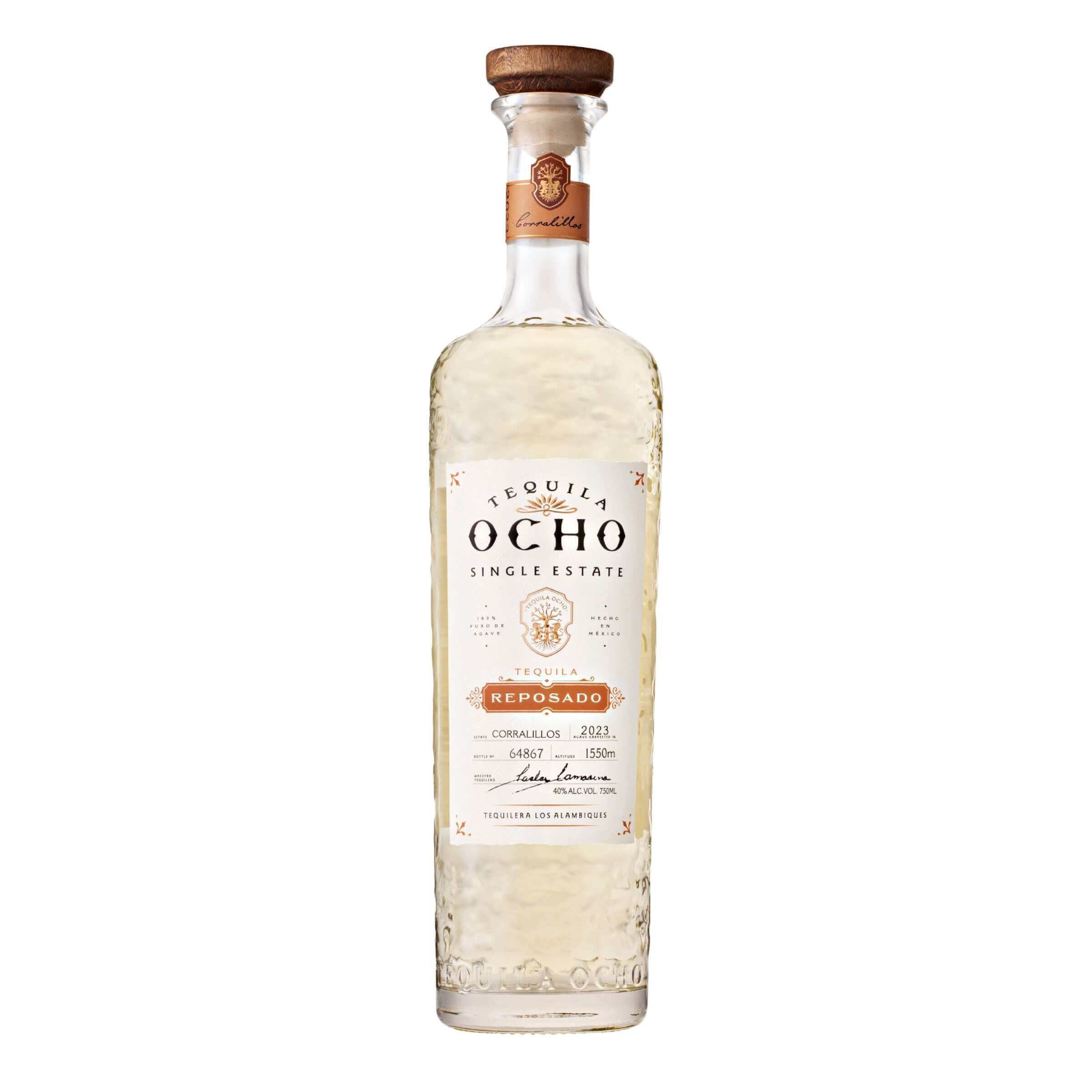 Tequila Ocho Reposado 750ml bottle aged in whiskey barrels, made from 100% Blue Weber agave in Arandas, Jalisco.