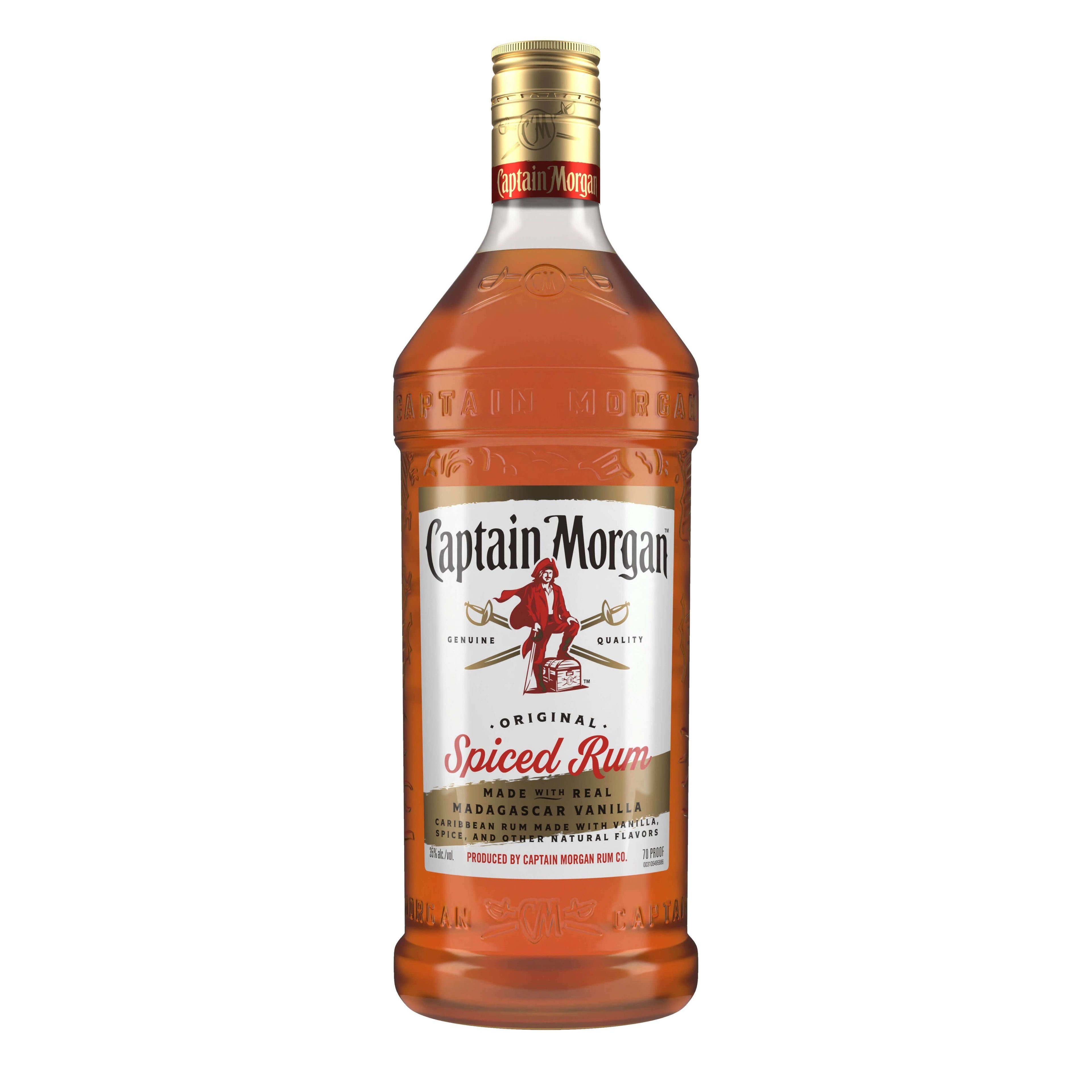 Captain Morgan Spiced Rum 1.75L bottle with iconic pirate logo and label, crafted in U.S. Virgin Islands by Captain Morgan Rum Company.
