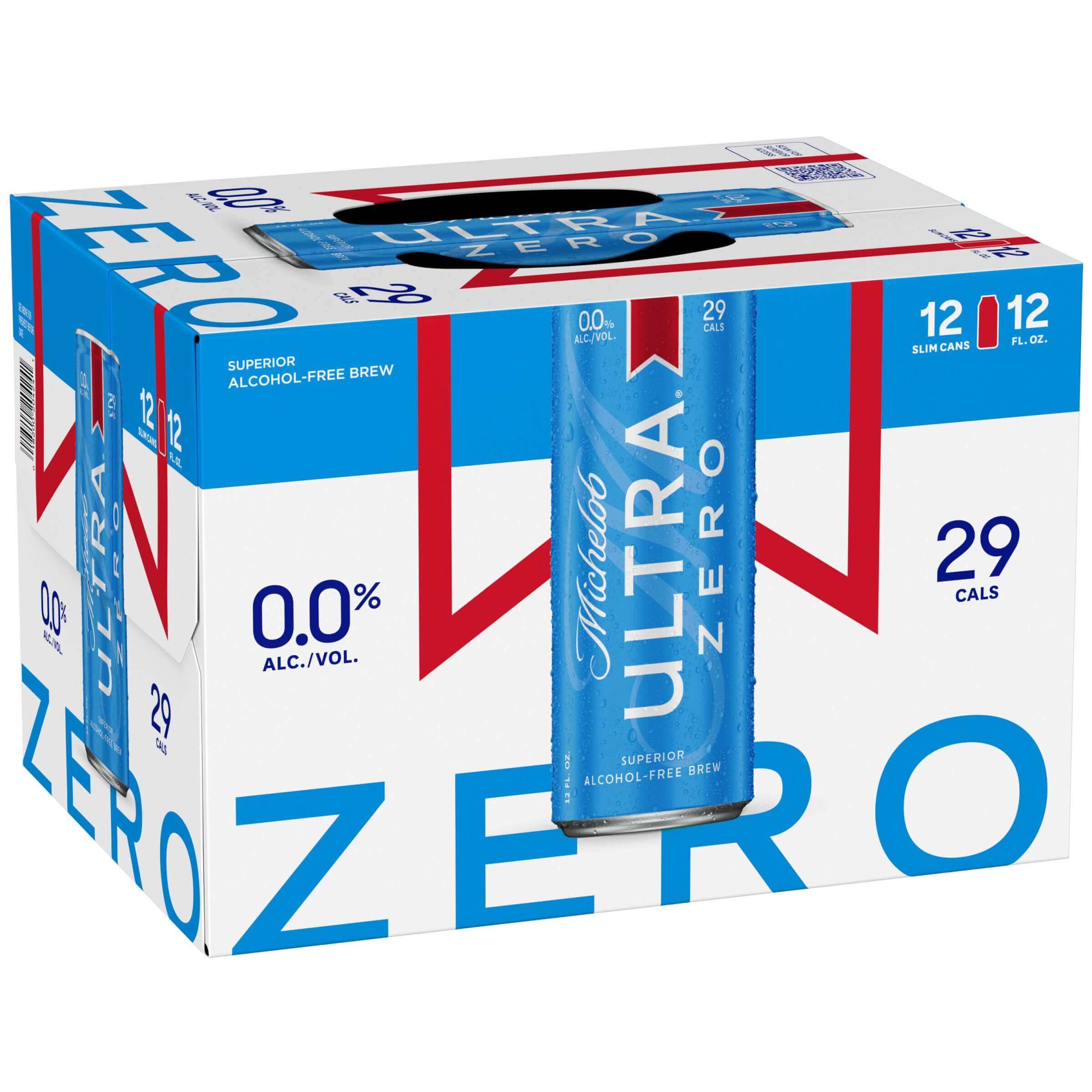 12-pack Michelob Ultra Zero NA 12oz cans by Anheuser-Busch, non-alcoholic light lager, 0.0% ABV, crisp citrus flavor.
