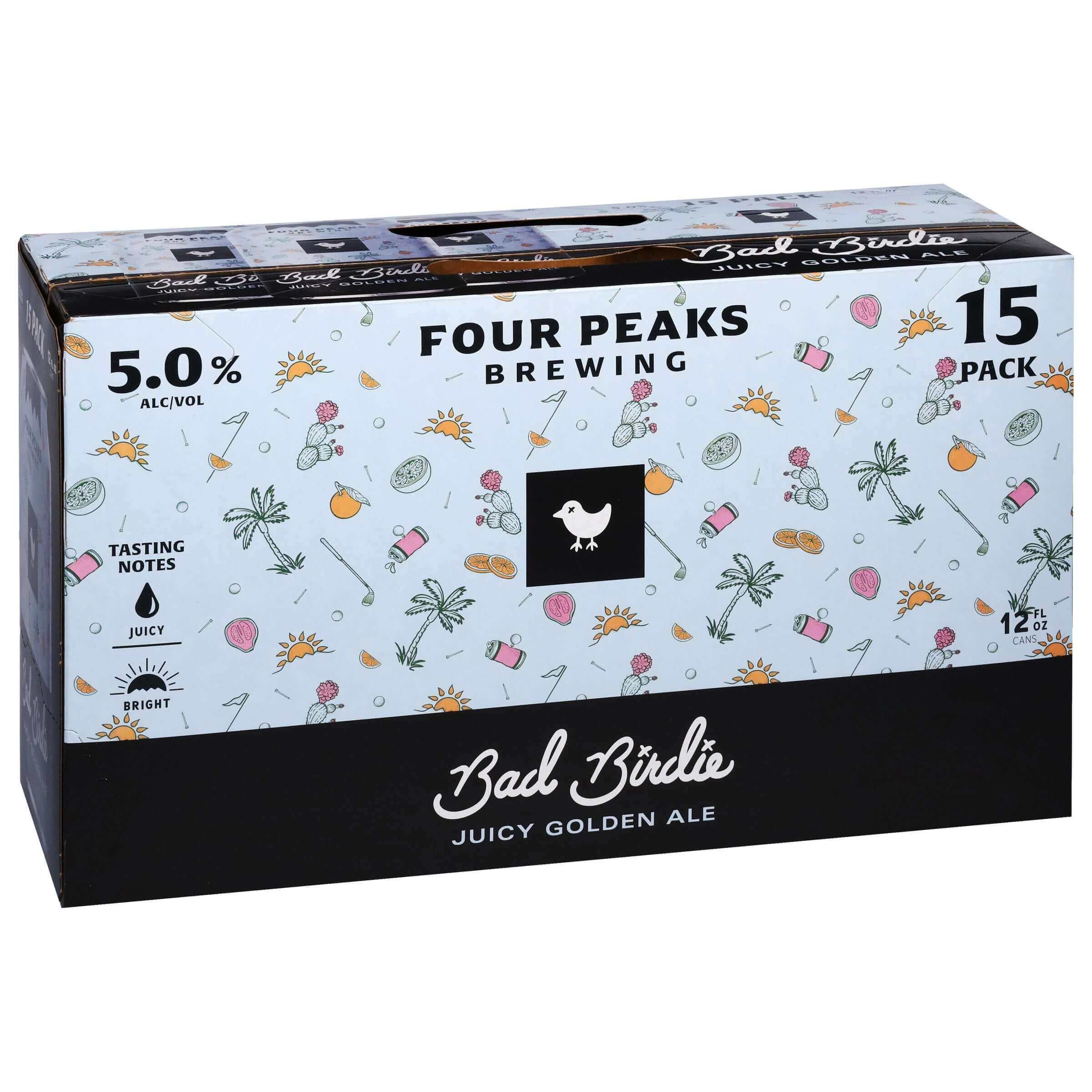 Four Peaks Bad Birdie Juicy Golden Ale 15 Pack, 12oz Cans, 5.0% ABV, Tempe, Arizona, with tropical fruit notes, packaging view