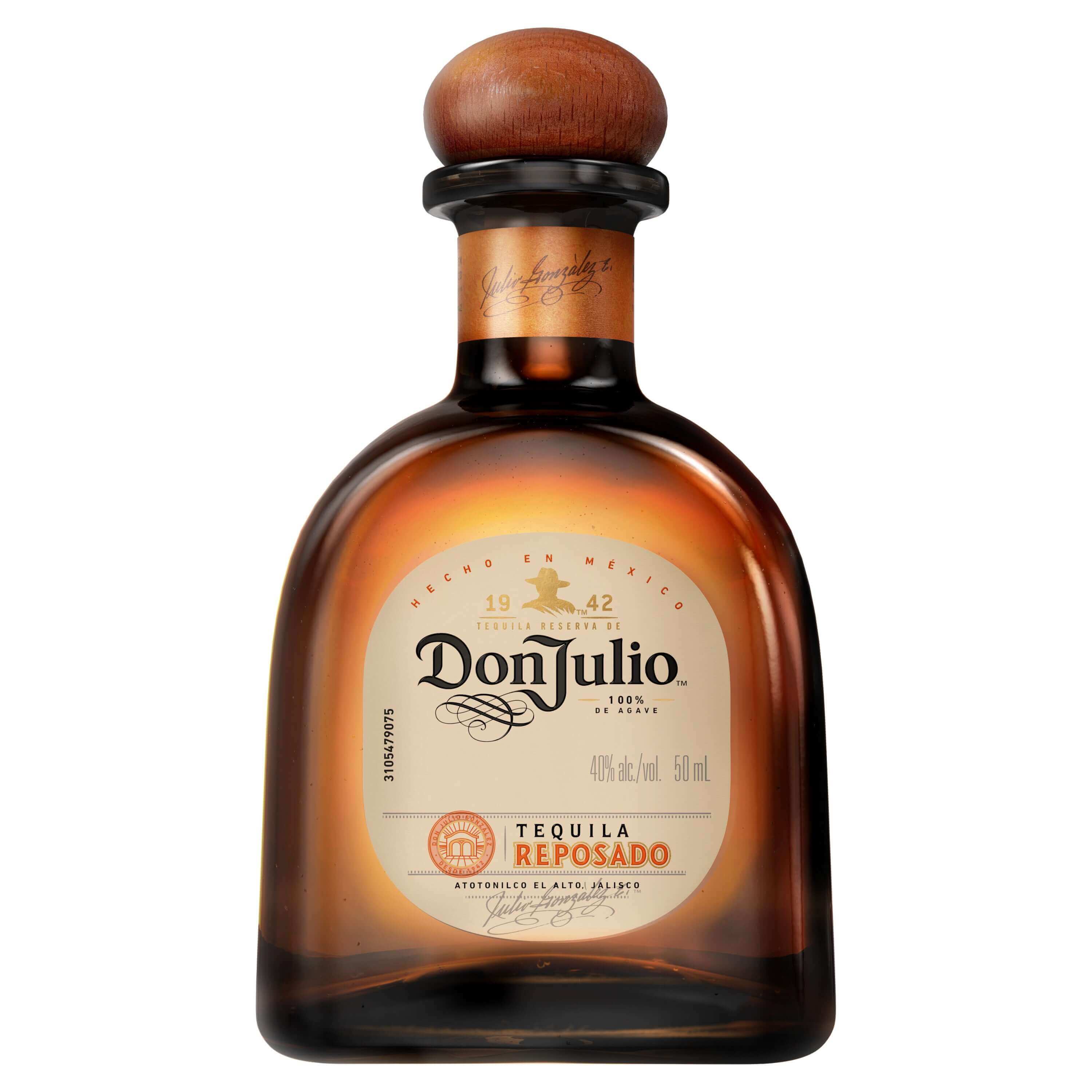 Don Julio Reposado Tequila 50ml bottle, aged in American white-oak barrels, crafted in Atotonilco El Alto, Jalisco, Mexico.