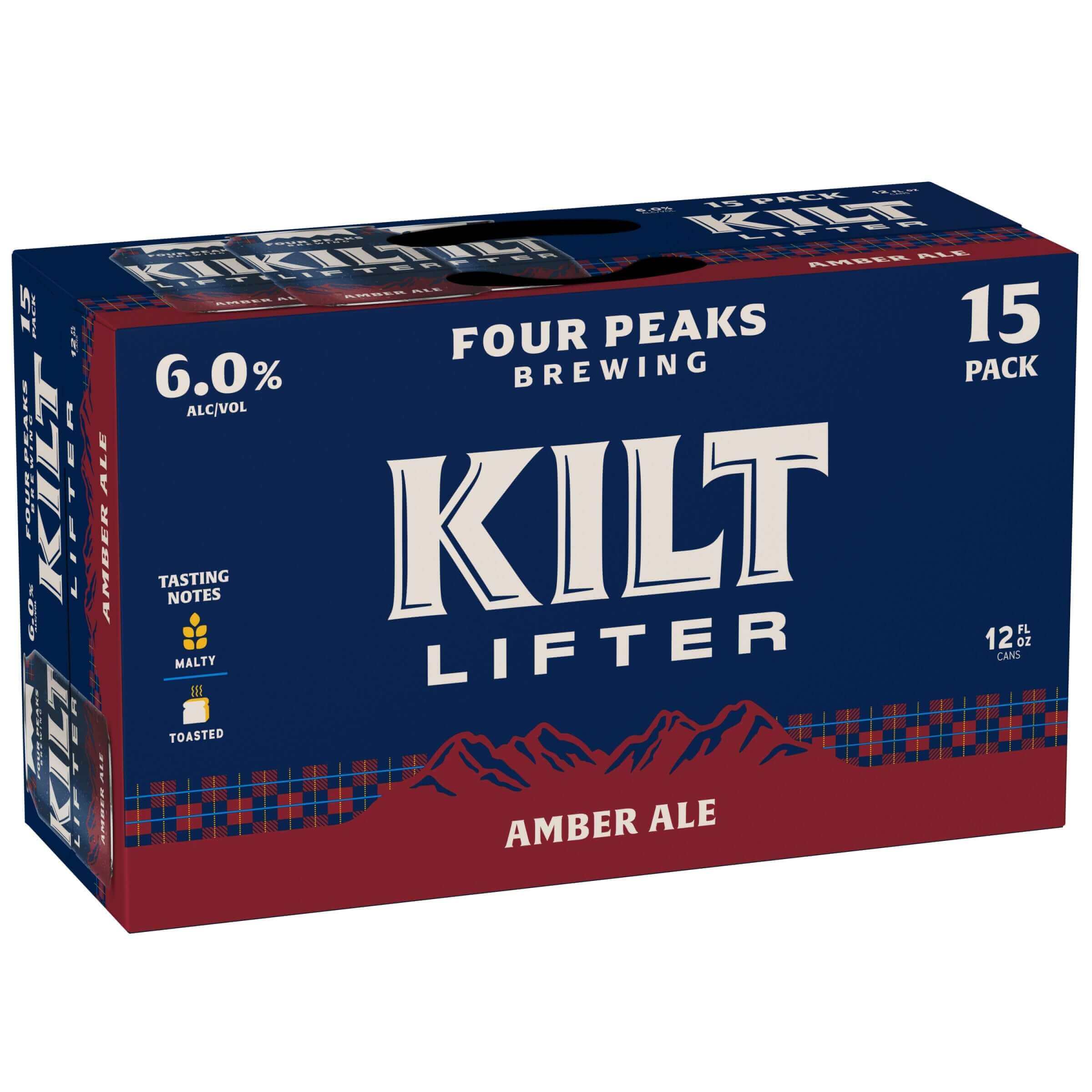 Four Peaks Kilt Lifter 15-pack Scottish-Style Amber Ale 12oz cans with malt and toasted flavor notes on packaging.