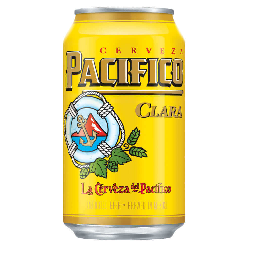 Pacifico 12oz can, Mexican lager by Grupo Modelo, featuring vibrant yellow design and bold blue logo on the front.