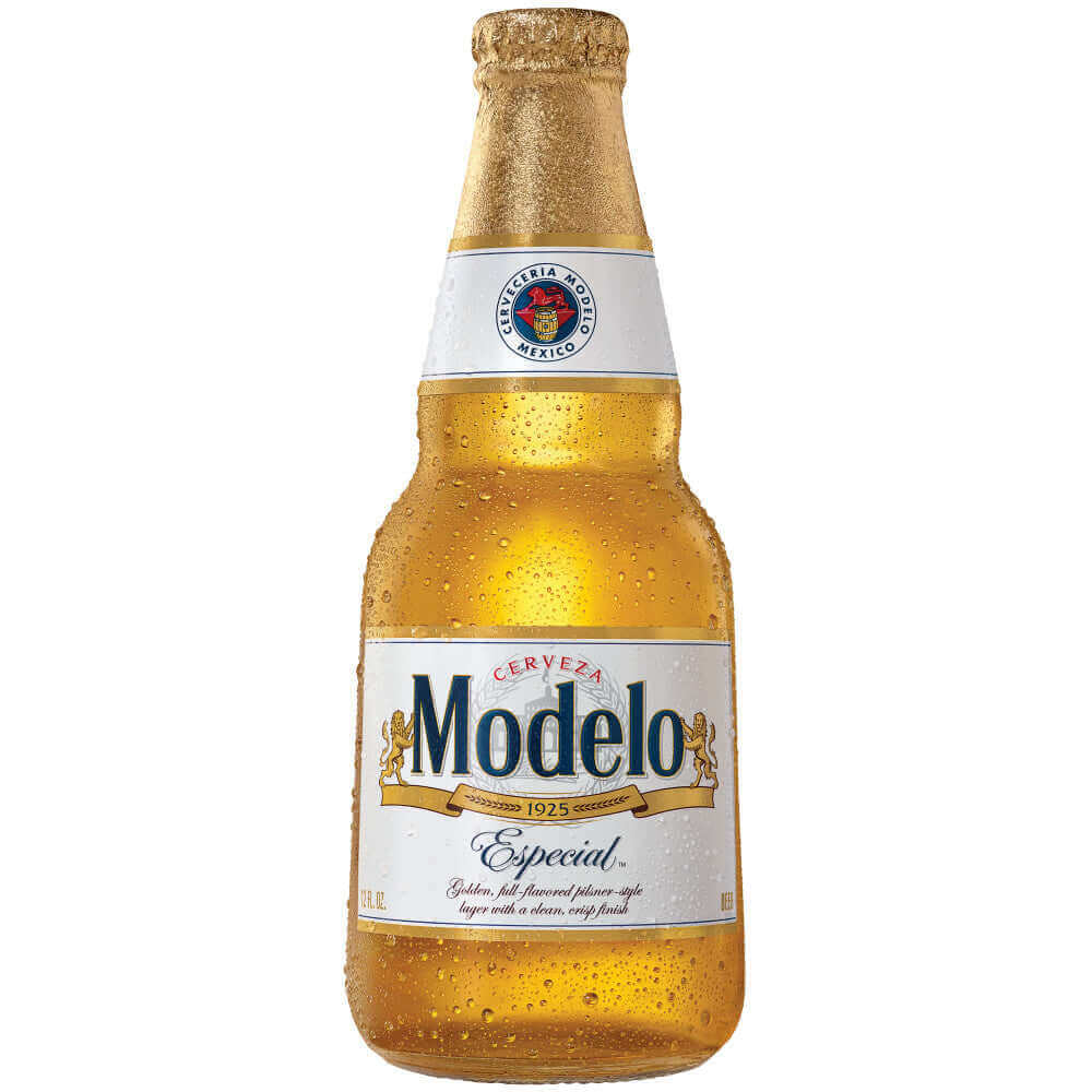 Modelo Especial 12oz glass bottle of Mexican Lager by Grupo Modelo with condensation droplets.