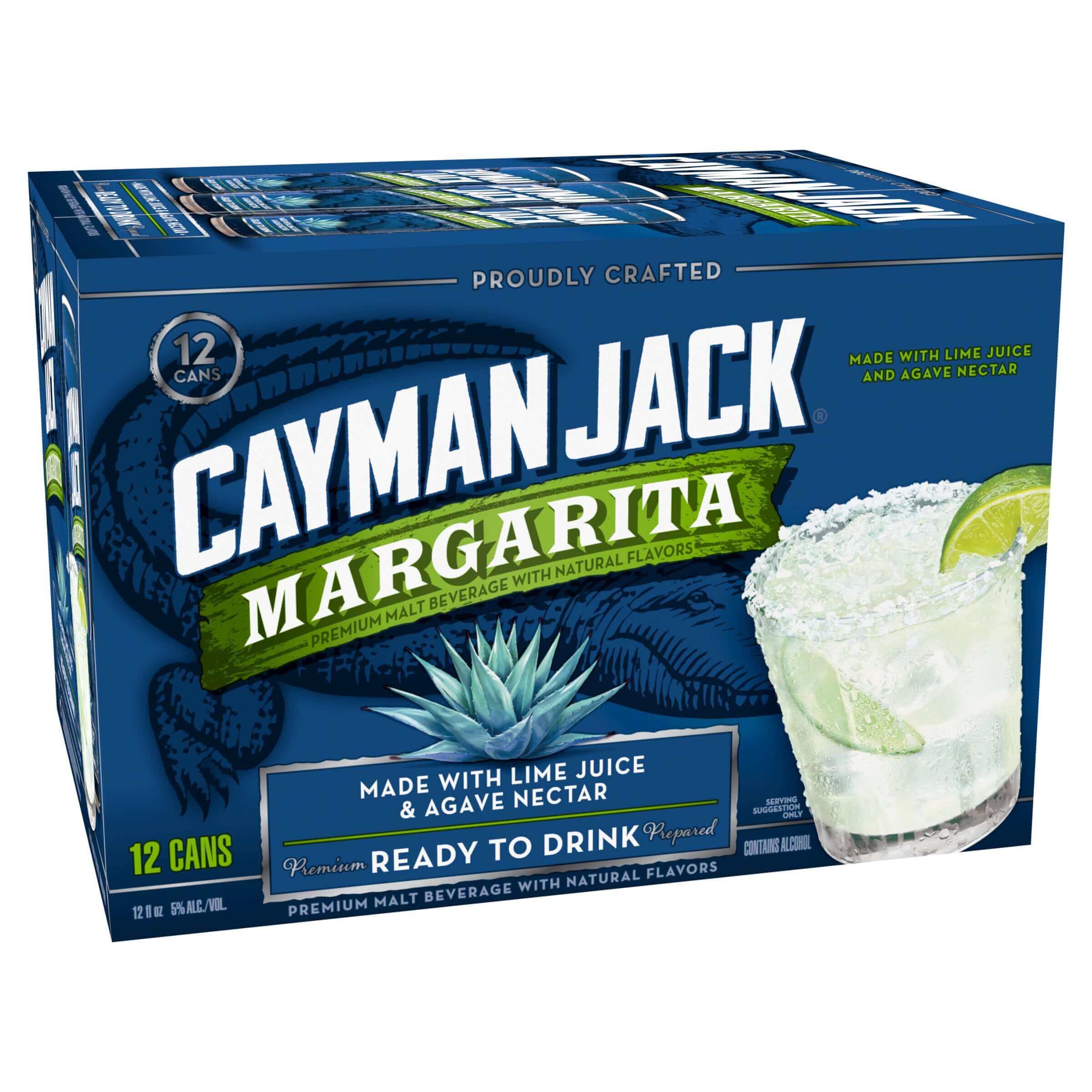Cayman Jack Margarita 12 Pack cans with premium lime juice and agave nectar, 5.8% ABV, pre-mixed cocktail drink.