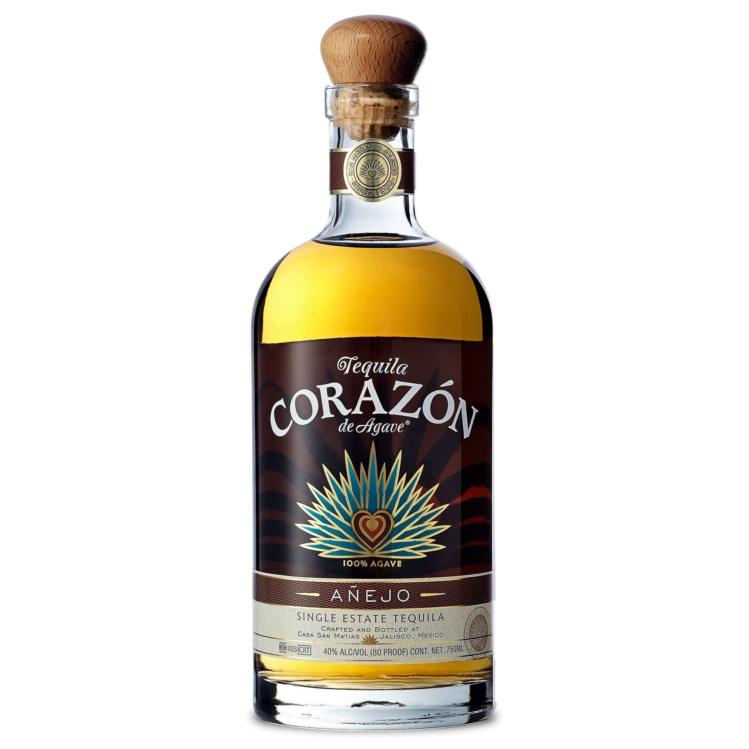 Corazón Añejo 750ml tequila bottle, aged 16-18 months, 100% Blue Weber agave from Jalisco, Mexico, in American oak barrels.