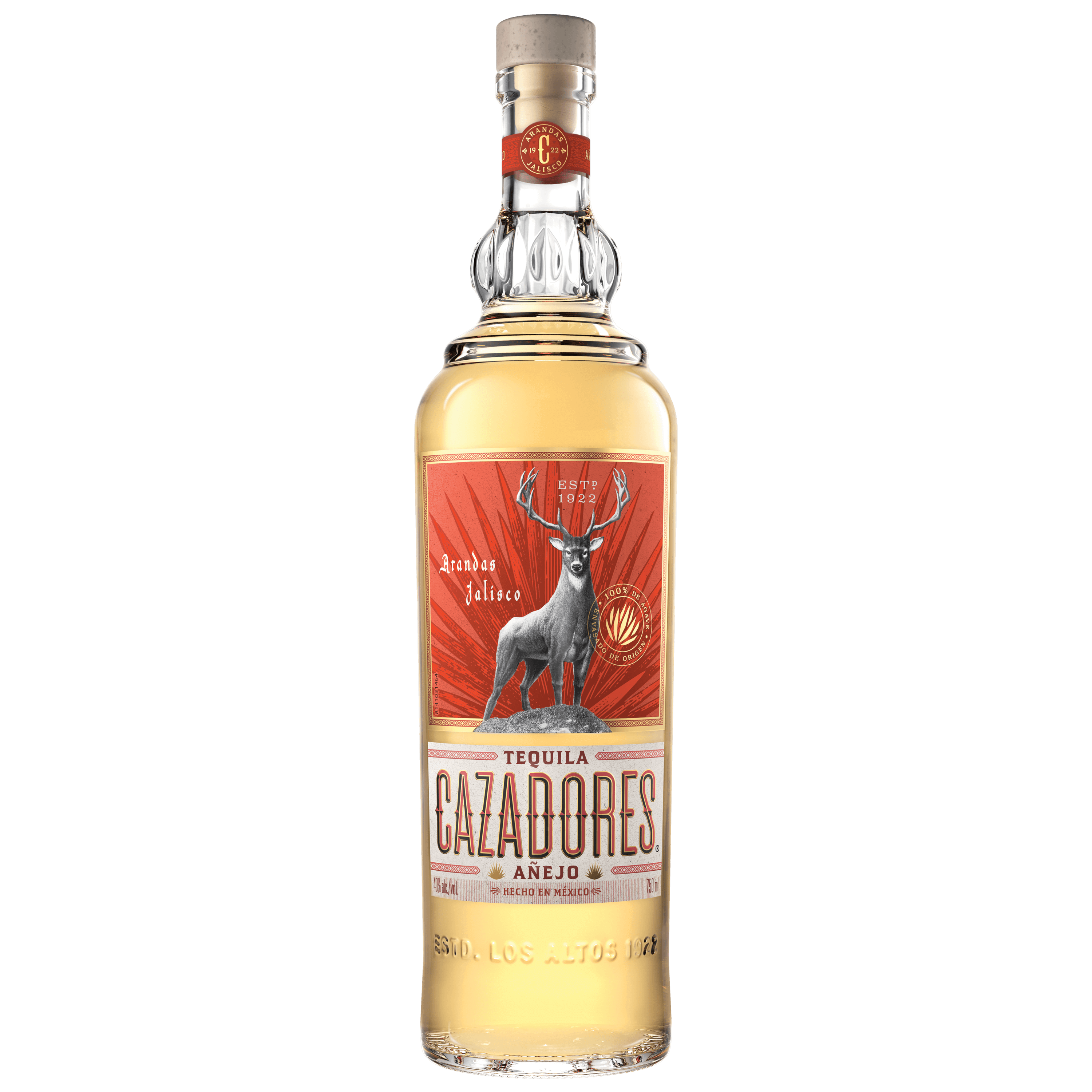 Cazadores Tequila Añejo 750ml bottle, aged in American oak barrels, 100% Blue Weber agave, premium Jalisco tequila.