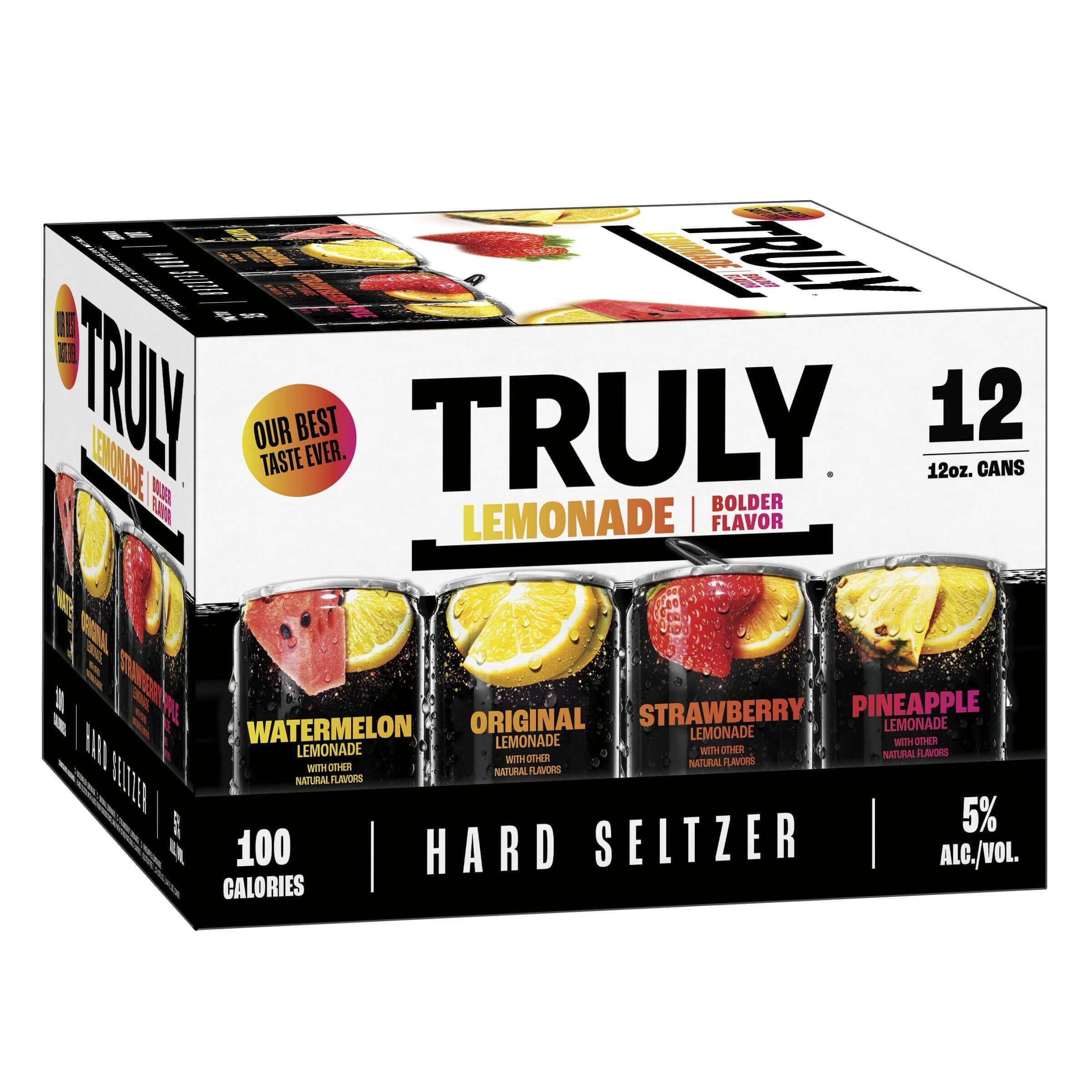 Truly Lemonade Hard Seltzer Variety 12 Pack featuring lemonade flavors: watermelon, original, strawberry, and pineapple, 12oz cans.