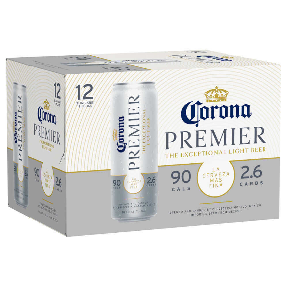 12-pack of Corona Premier 12oz cans, American Light Lager from Grupo Modelo, Mexico, low-carb and refreshing with citrus notes.