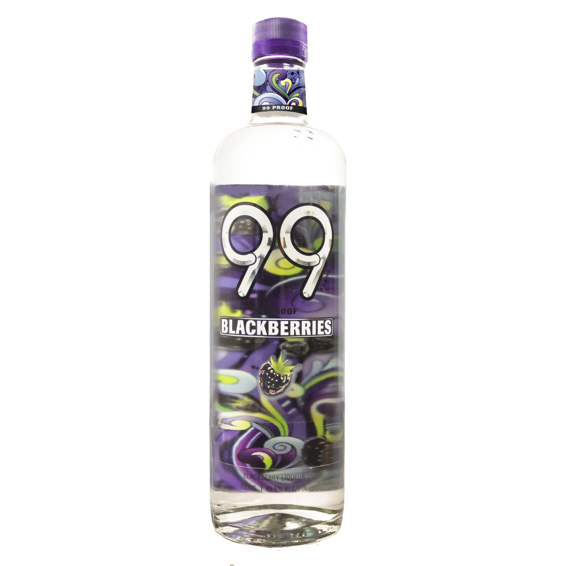 99 Blackberries Liqueur 750ml bottle with vibrant label and 99 proof alcohol content.