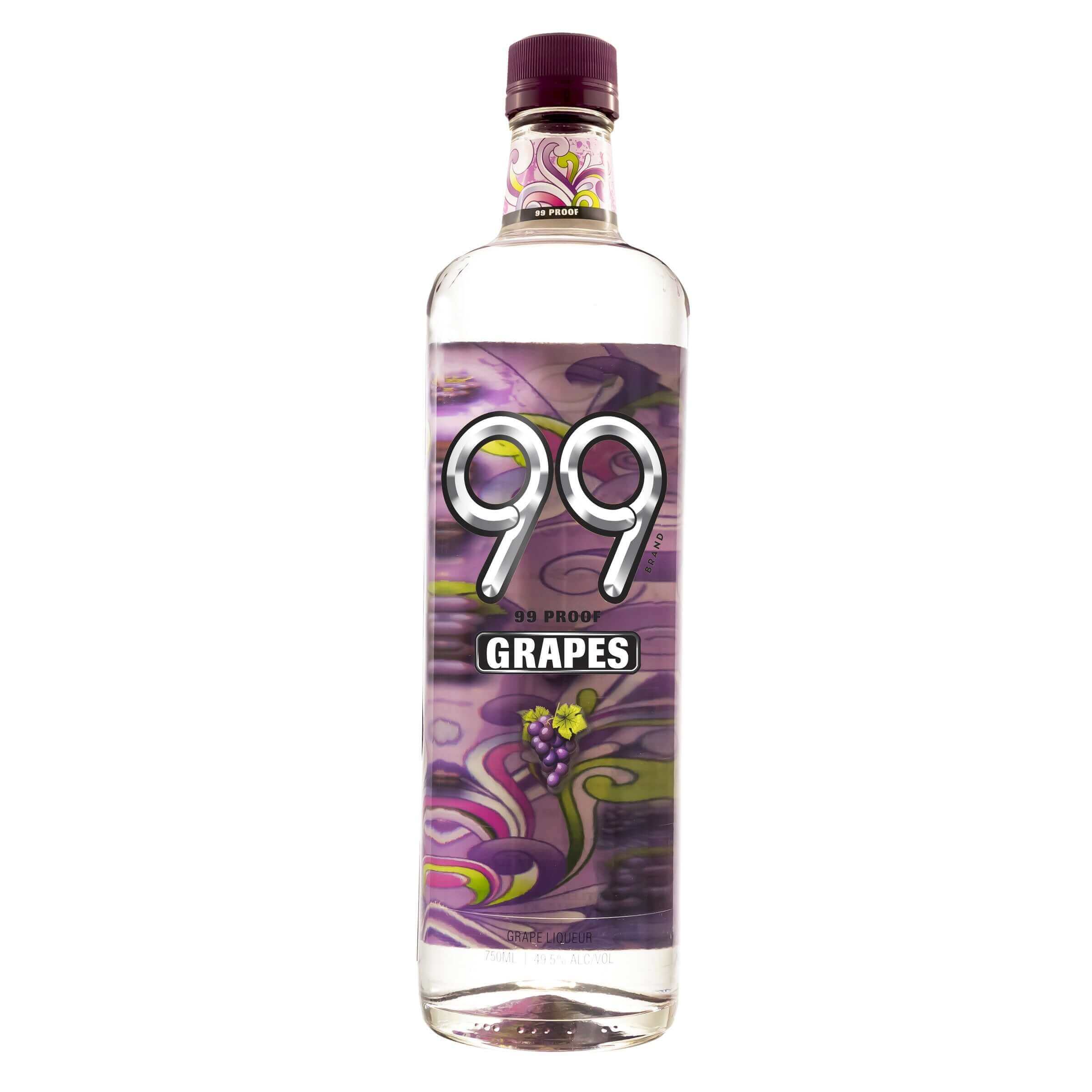 Bottle of 99 Grapes Liqueur 750ml, 99 Proof with vibrant purple label design.