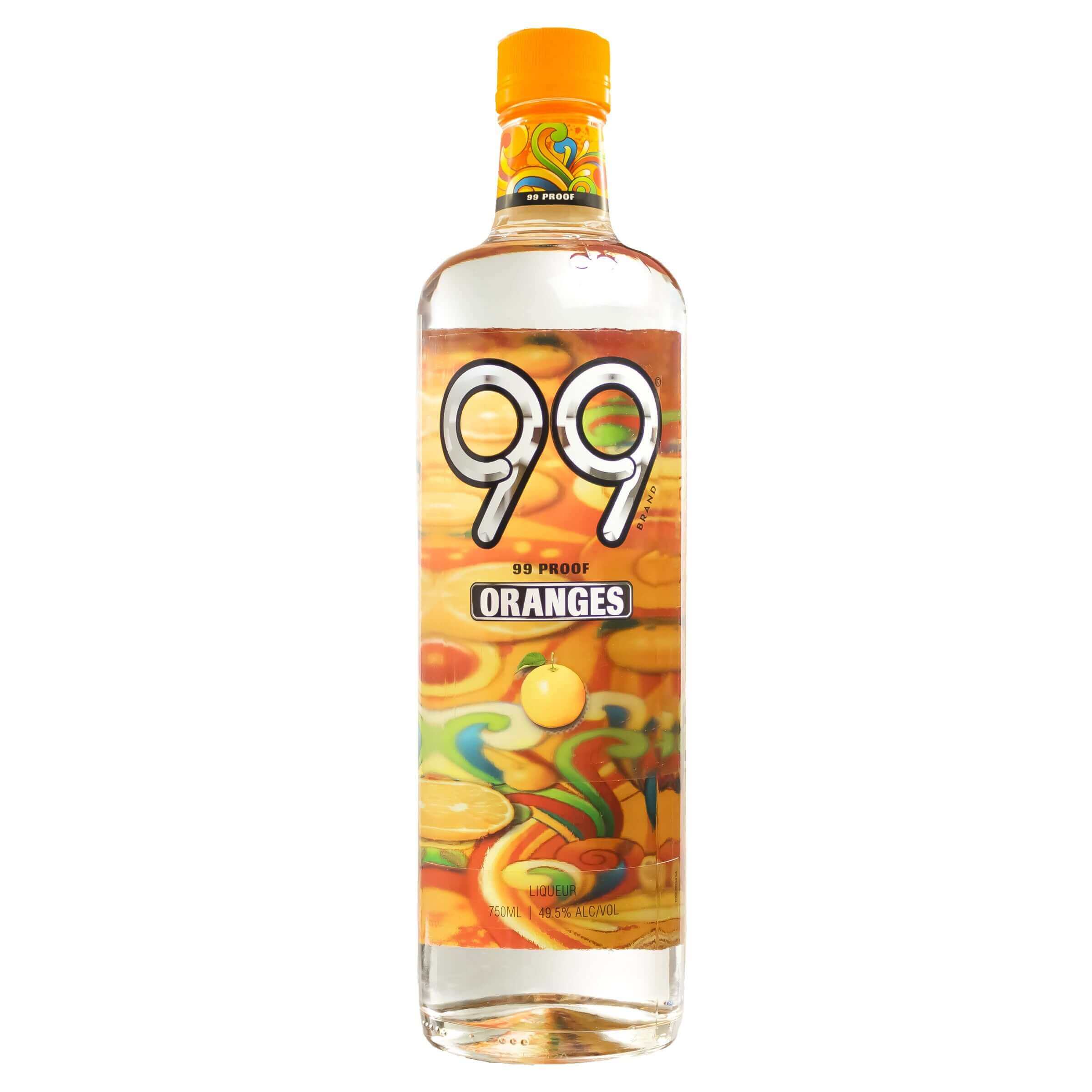 Bottle of 99 Oranges Liqueur, 750ml, with 99 Proof, featuring vibrant orange-themed label design.