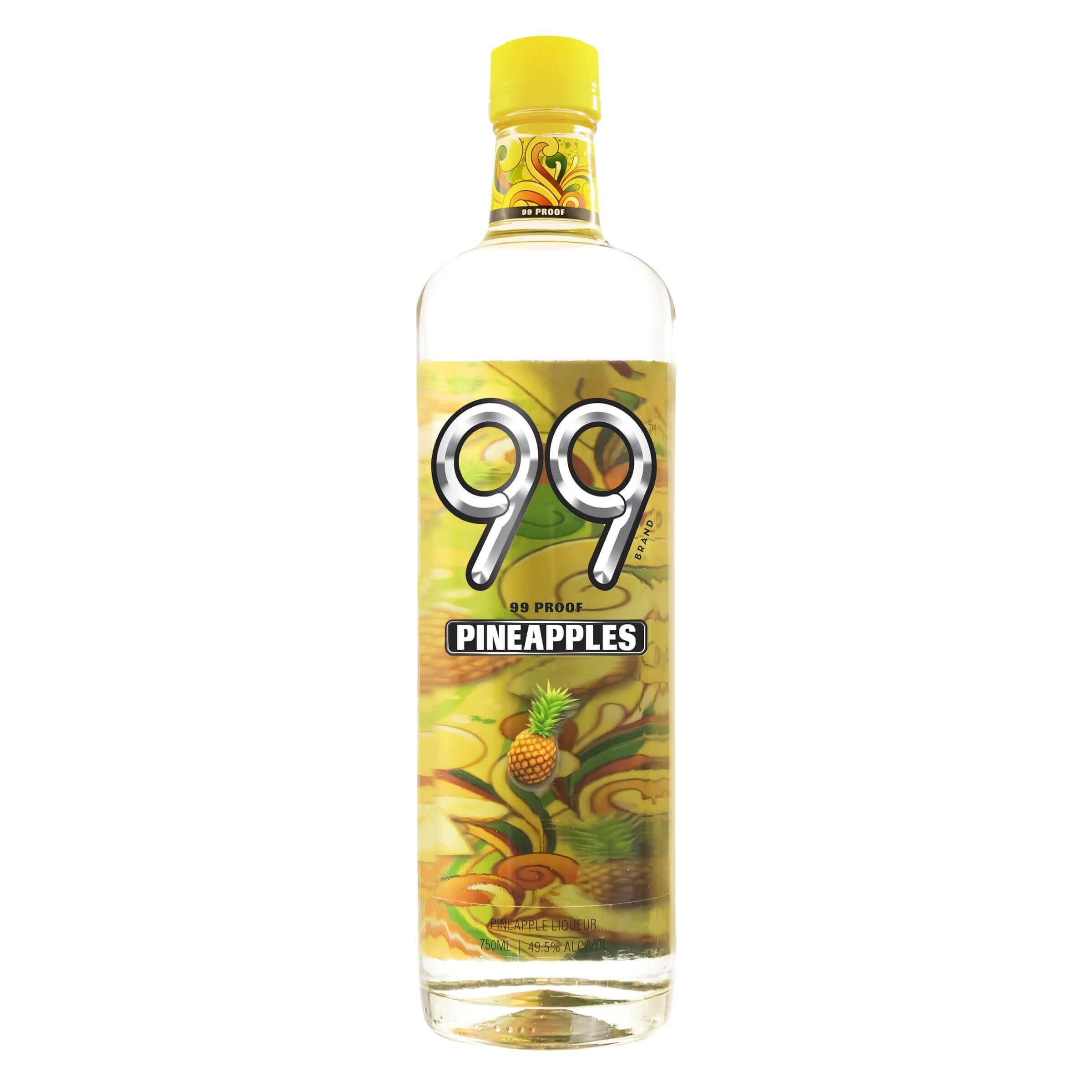 Bottle of 99 Pineapple Liqueur 750ml, featuring vibrant label design showcasing pineapples, with 99 Proof prominently displayed.