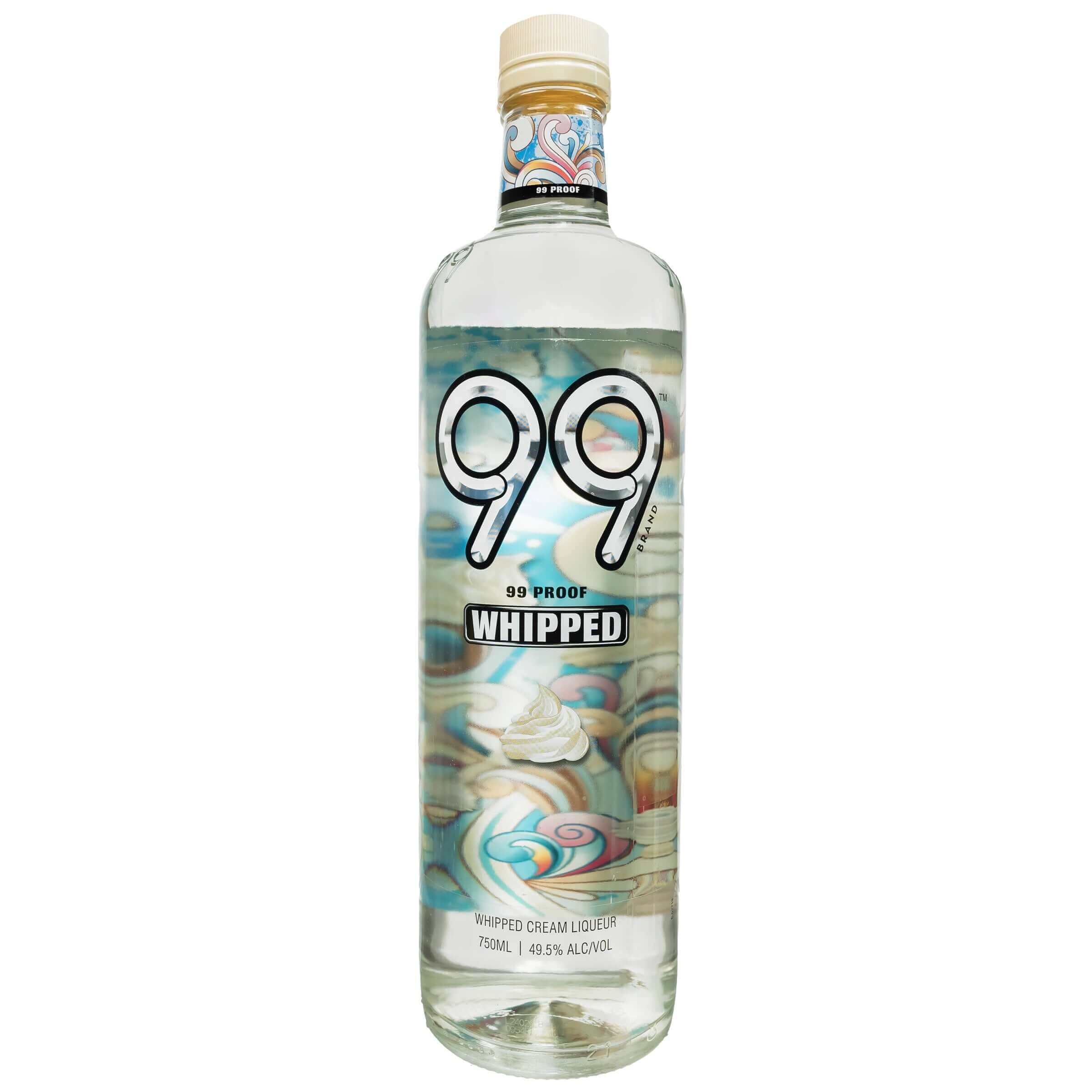 99 Whipped Liqueur 750ml bottle, 99 proof, whipped cream flavor, clear glass with label design