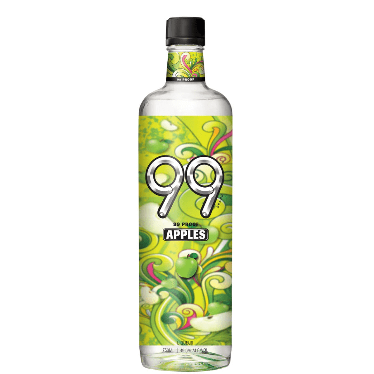 99 Apples Schnapps 750ml bottle with vibrant label design, smooth apple flavor, and 49.5% ABV, perfect for cocktails.