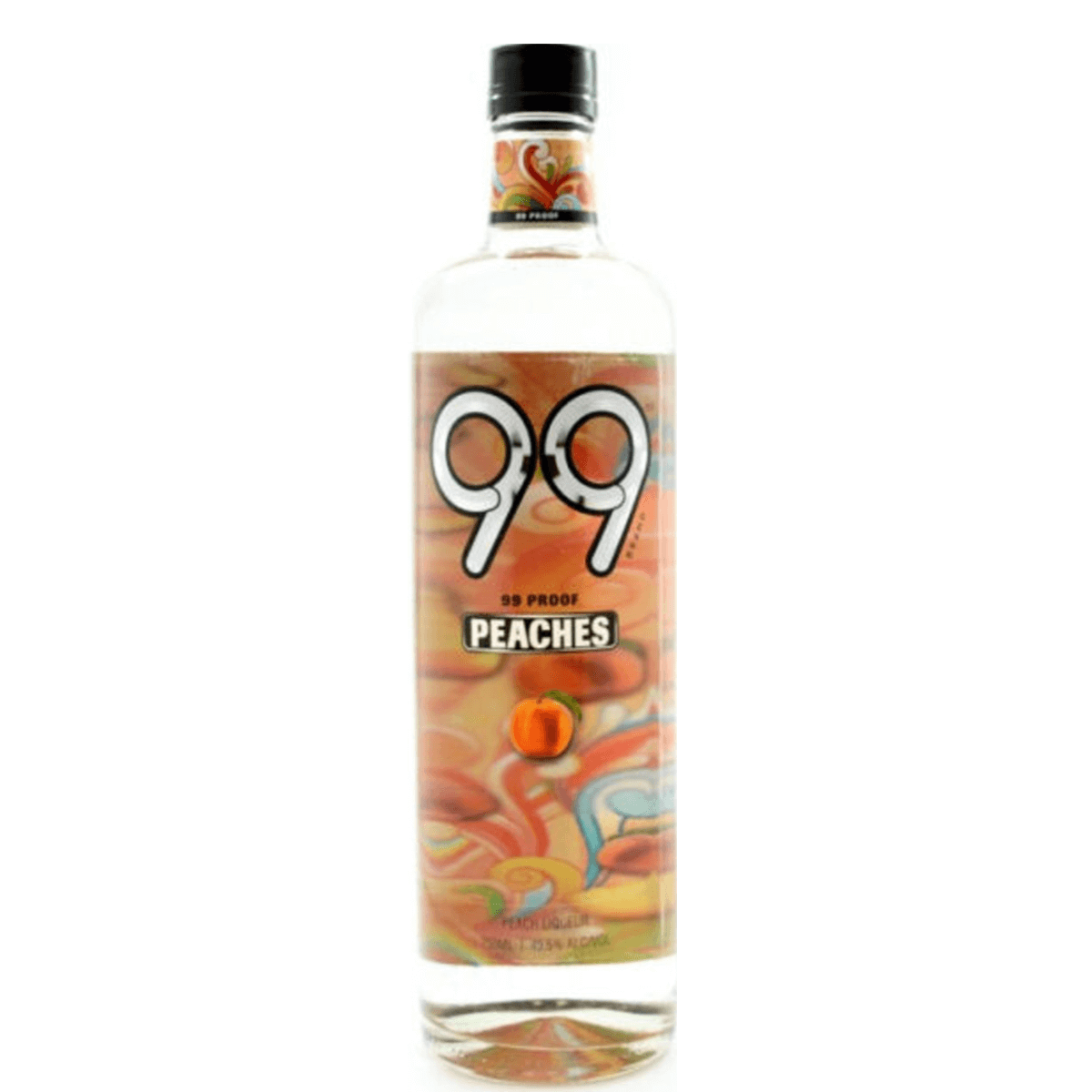 99 Peach Liqueur 750ml bottle, 99 proof schnapps with fruity peach flavor, USA origin, 49.5% ABV, perfect for cocktails.