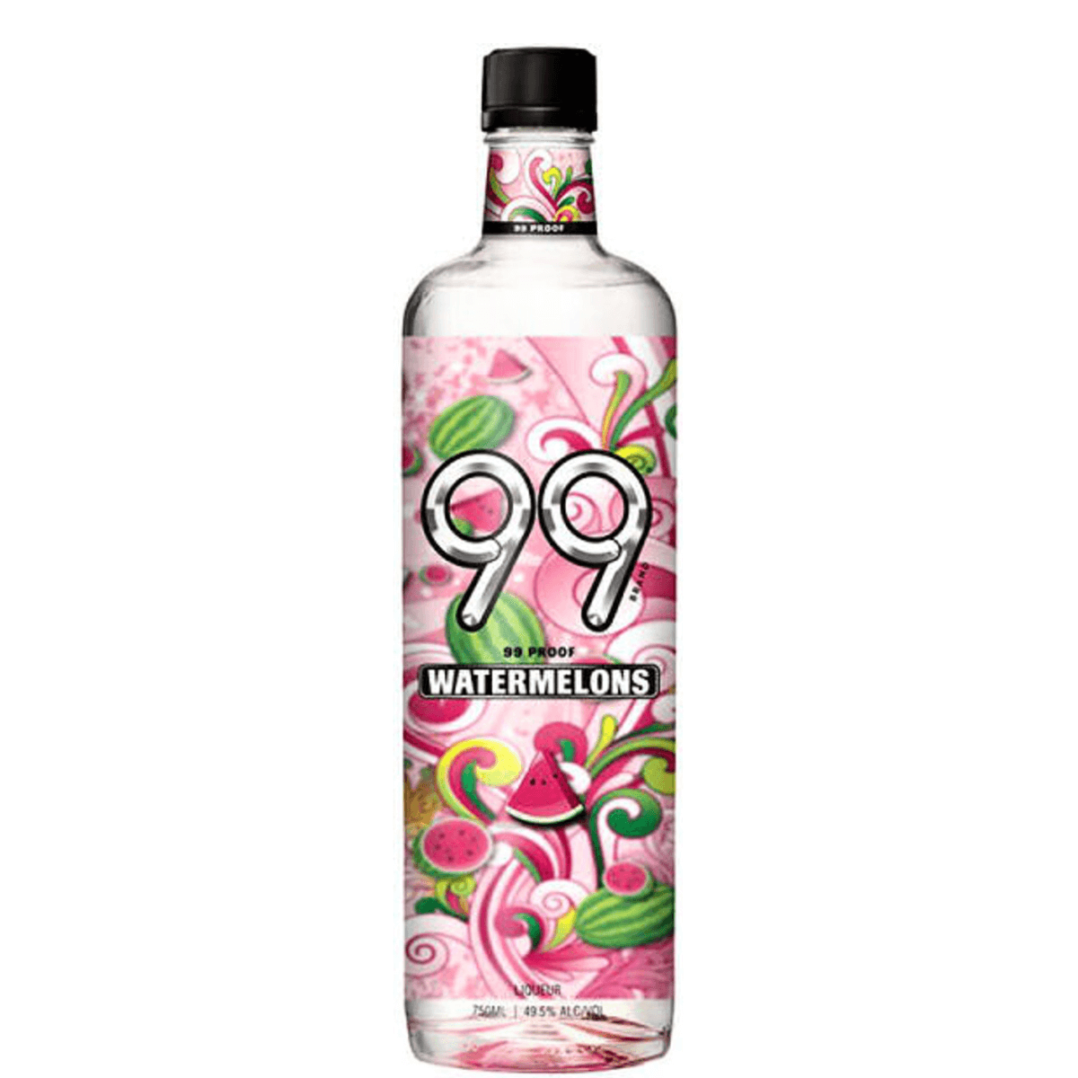 Bottle of 99 Watermelon Liqueur, 750ml Schnapps, 49.5% ABV, featuring vibrant watermelon-themed label, perfect for fruity cocktails.