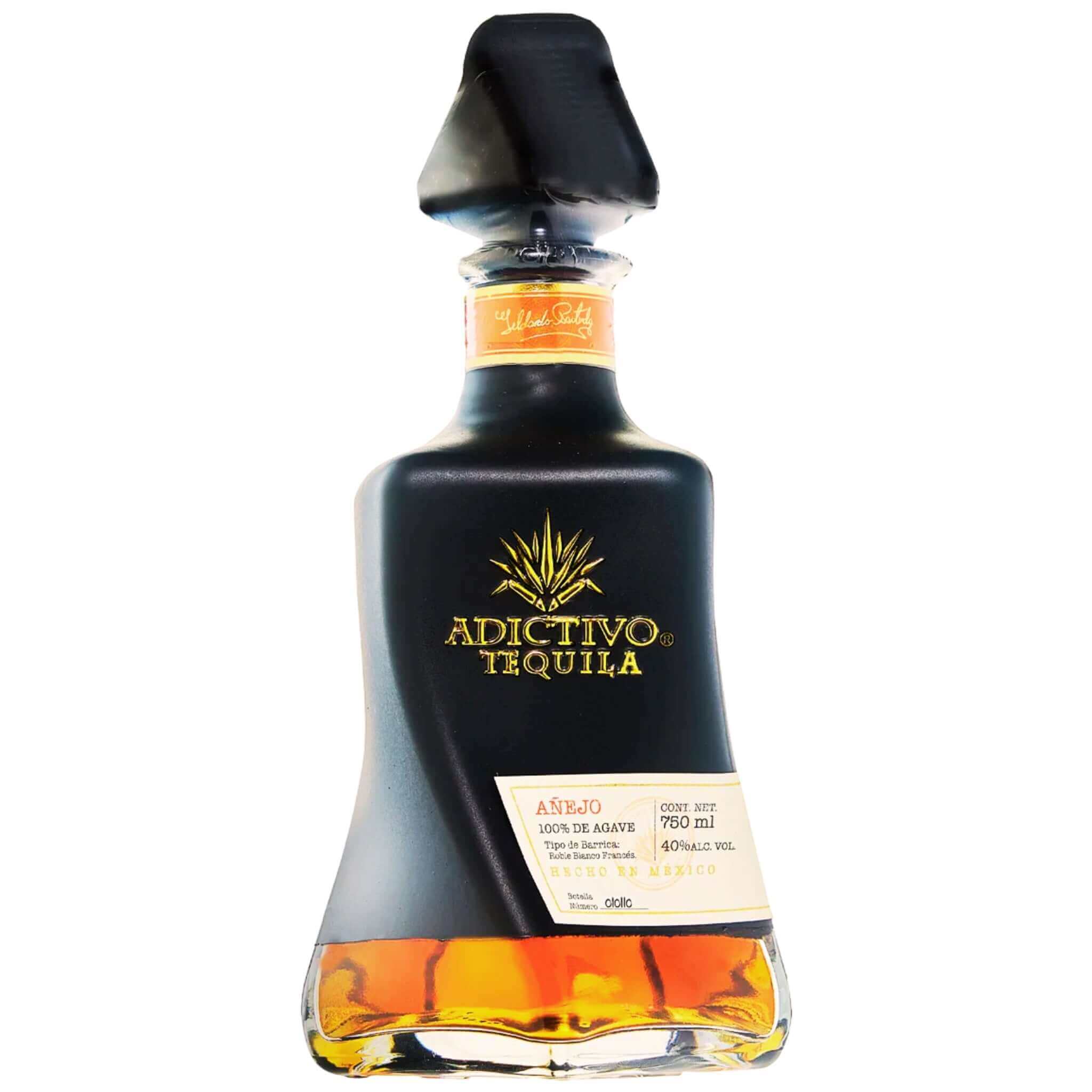 Adictivo Tequila Anejo Black 2yr 750ml bottle, aged in oak barrels, crafted from Blue Weber agave, by Tequila Tres Mujeres, Jalisco.