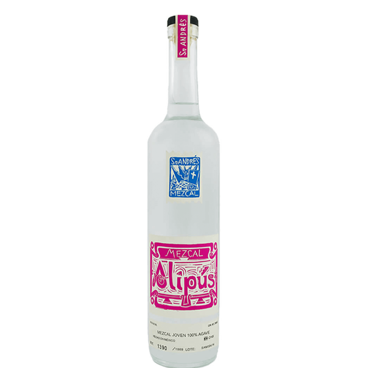 Alipus Mezcal San Andres 750mL bottle from Oaxaca, Mexico, crafted from agave espadín, featuring label with traditional artwork.