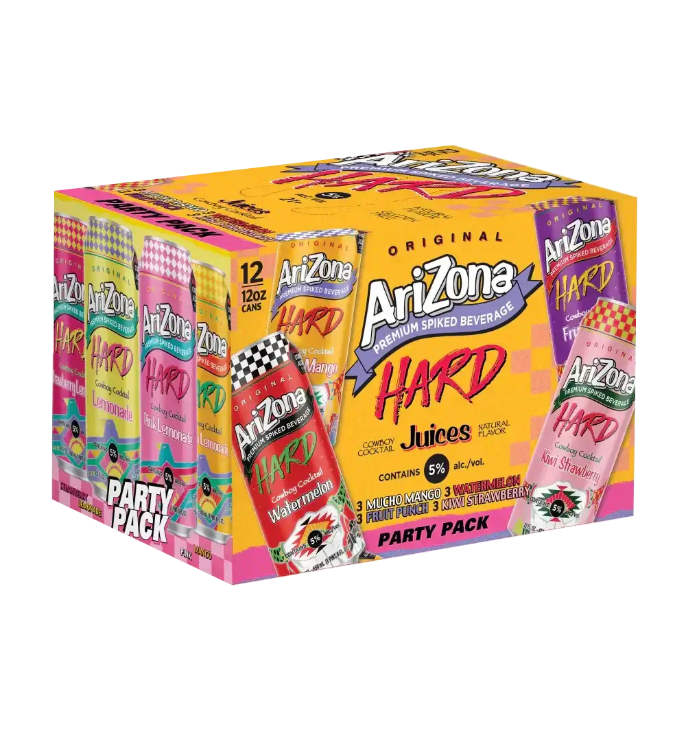 Arizona Hard Tea Juice Cocktail 12 Pack with fruit flavors and 5% ABV in 12oz cans, vibrant party pack design
