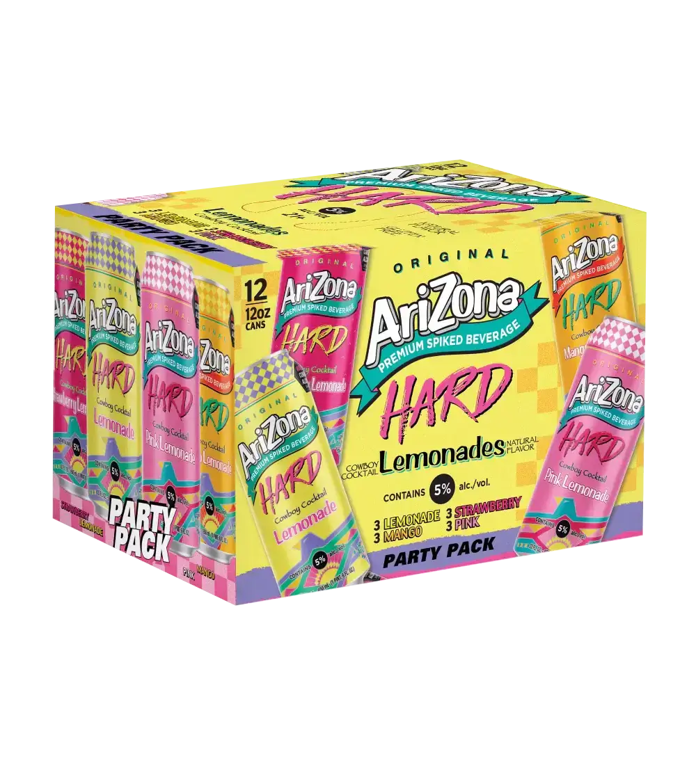 Arizona Hard Lemonade Party Pack with 12oz cans, showcasing vibrant packaging and four refreshing lemonade flavors.
