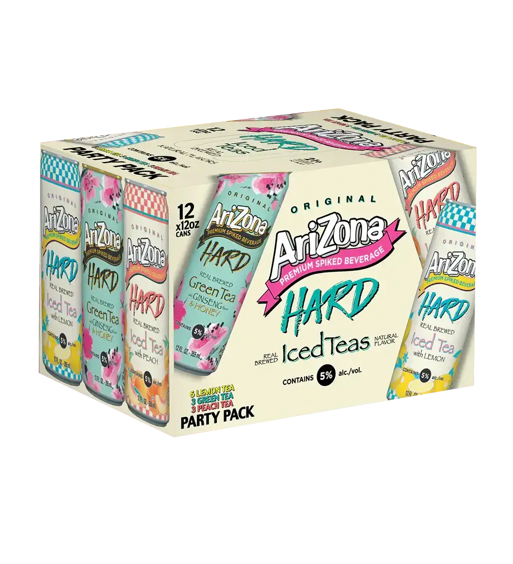 AriZona Hard Iced Tea Party Pack, 12oz cans, variety of flavors, 5.0% ABV, featuring a blend of real brewed tea and sweetness.