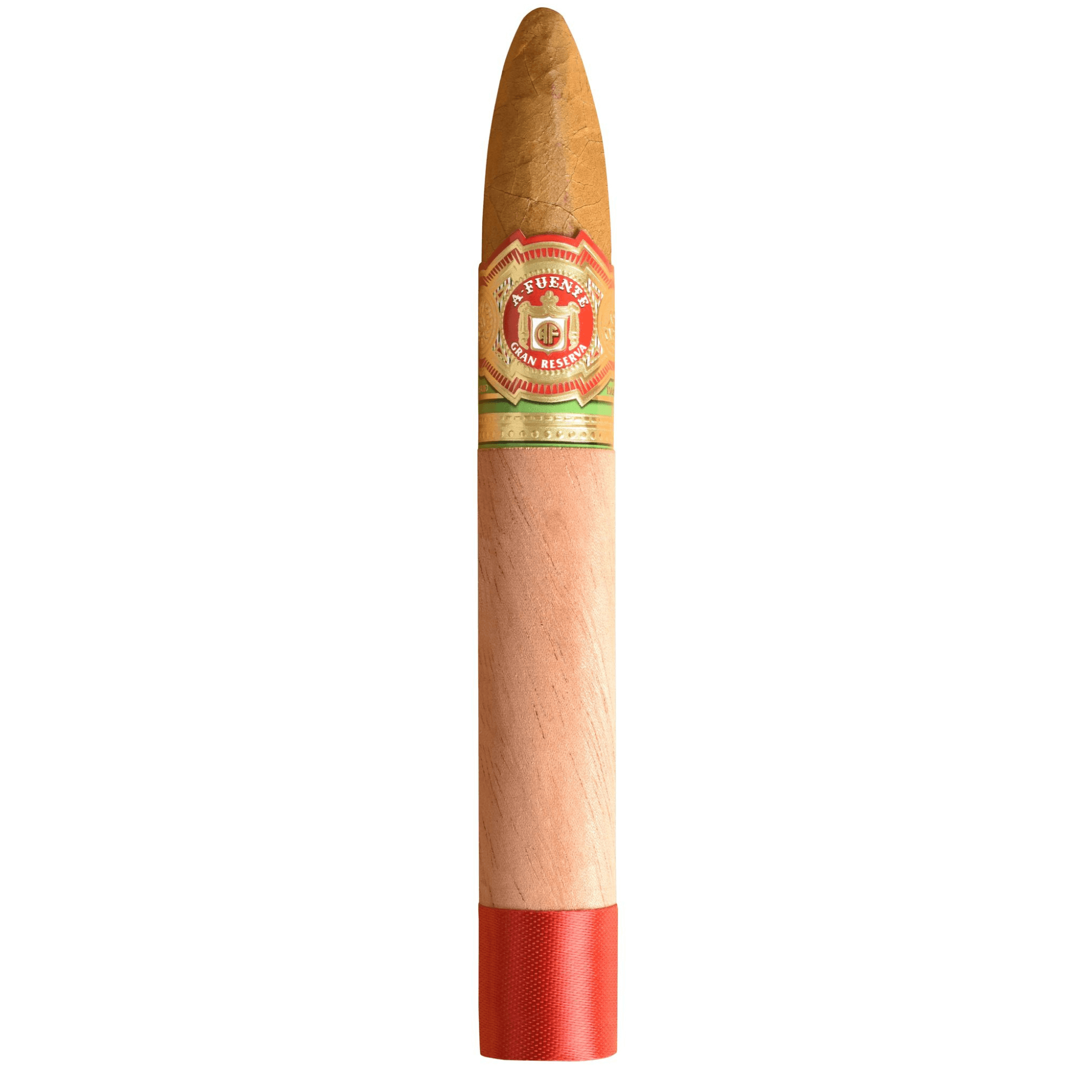 Arturo Fuente Chateau Pyramid Natural cigar with natural wrapper and red band.