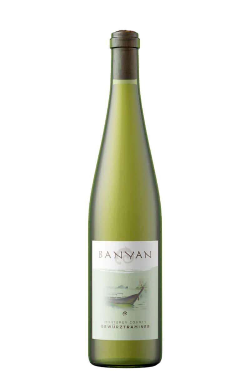 Banyan Gewurztraminer 2021 wine bottle, dry white wine from Monterey, California, with pale green-yellow hue and floral aromas.