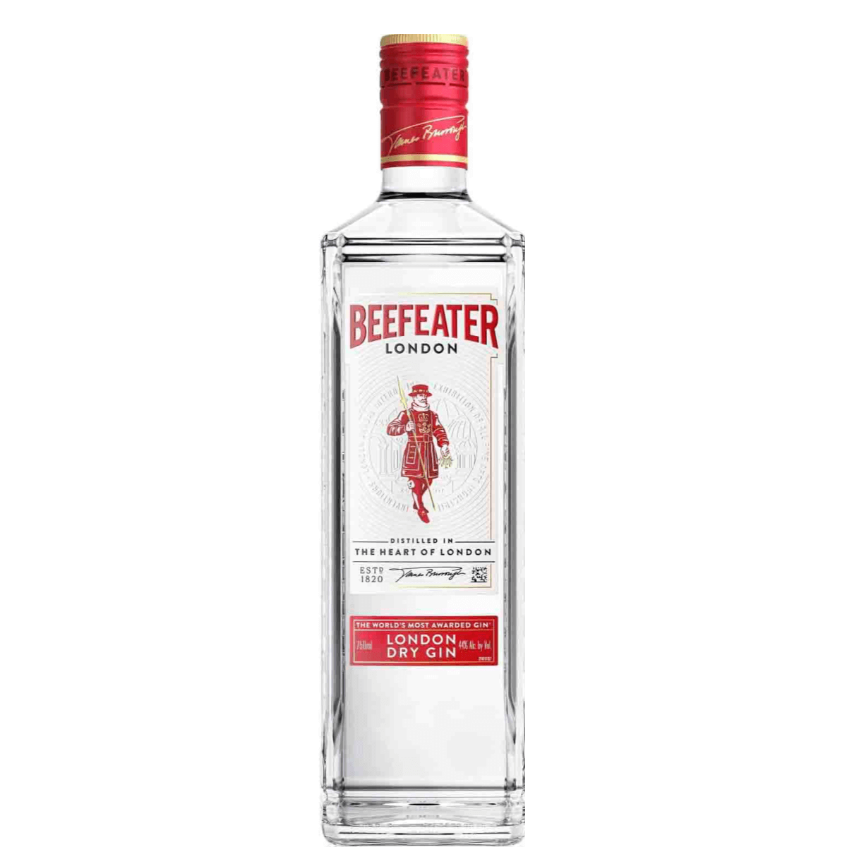Beefeater Dry Gin 750ml bottle with red cap and label, London Dry Gin from England, 47% ABV, crisp and balanced flavor.