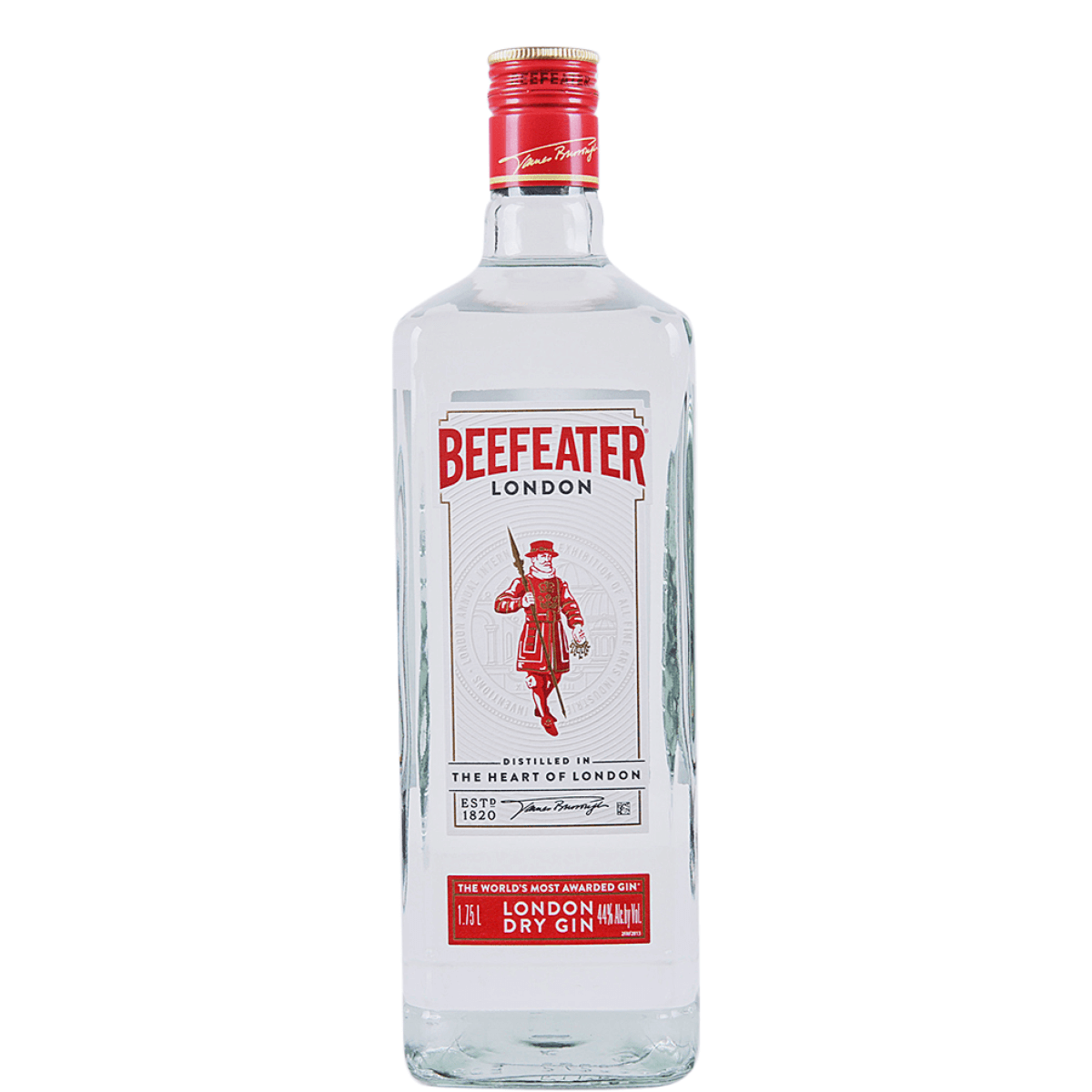 Beefeater London Dry Gin 1.75L bottle with red label, distilled in London, England, featuring classic bold flavors of juniper and botanicals.