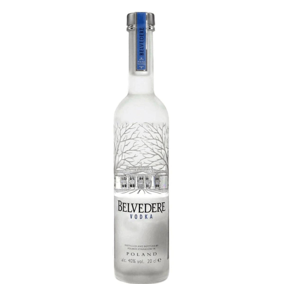 Belvedere Vodka 750ml bottle, premium Polish vodka made from Dankowskie Gold Rye, 40% ABV, showcasing elegant frosted design.