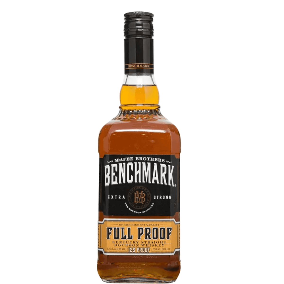 750ml Benchmark Full Proof Bourbon bottle from Buffalo Trace, Kentucky. High proof bourbon with intense flavor profile.
