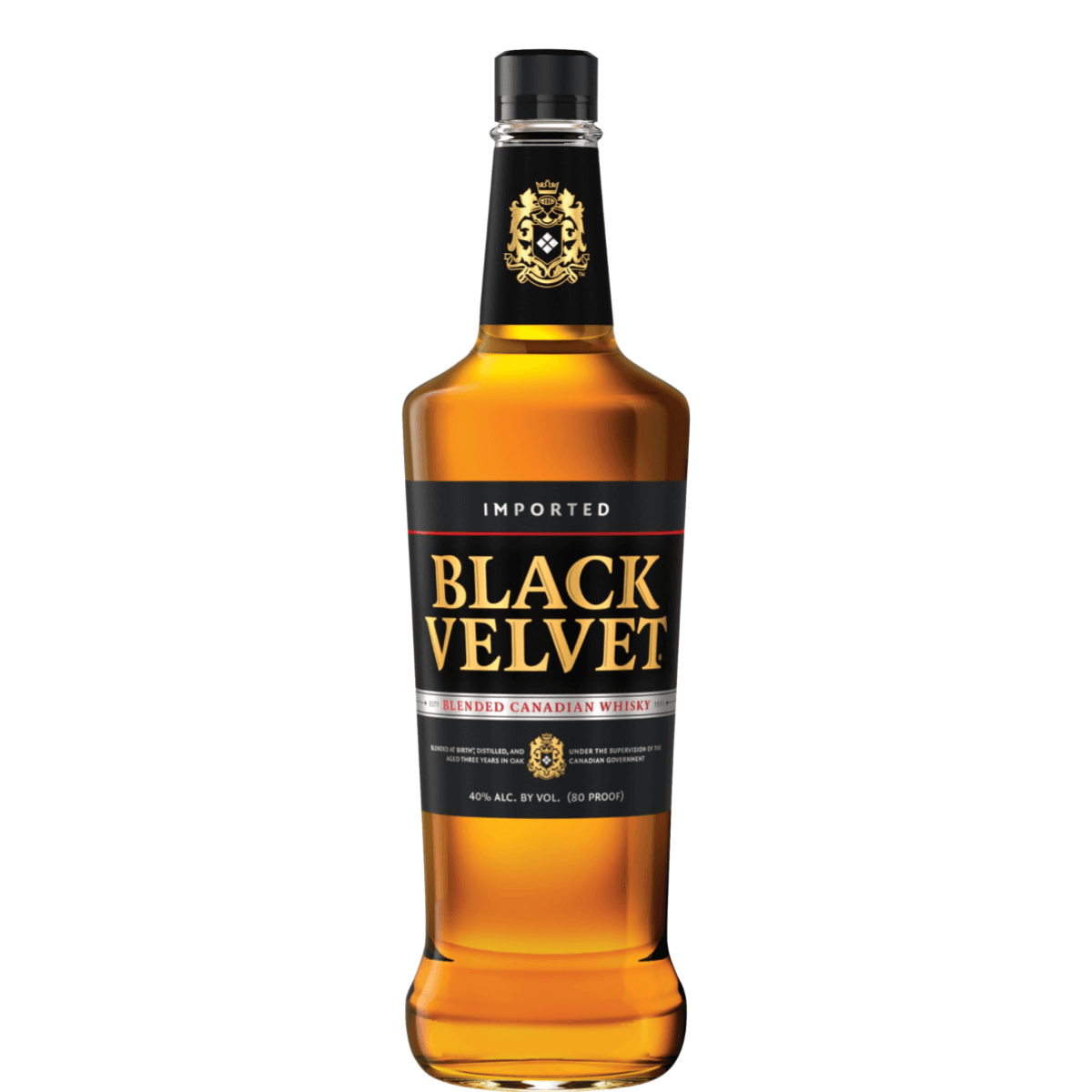 Black Velvet Whisky 750ml bottle, Canadian whisky known for smooth flavor, ideal for mixed drinks or sipping.