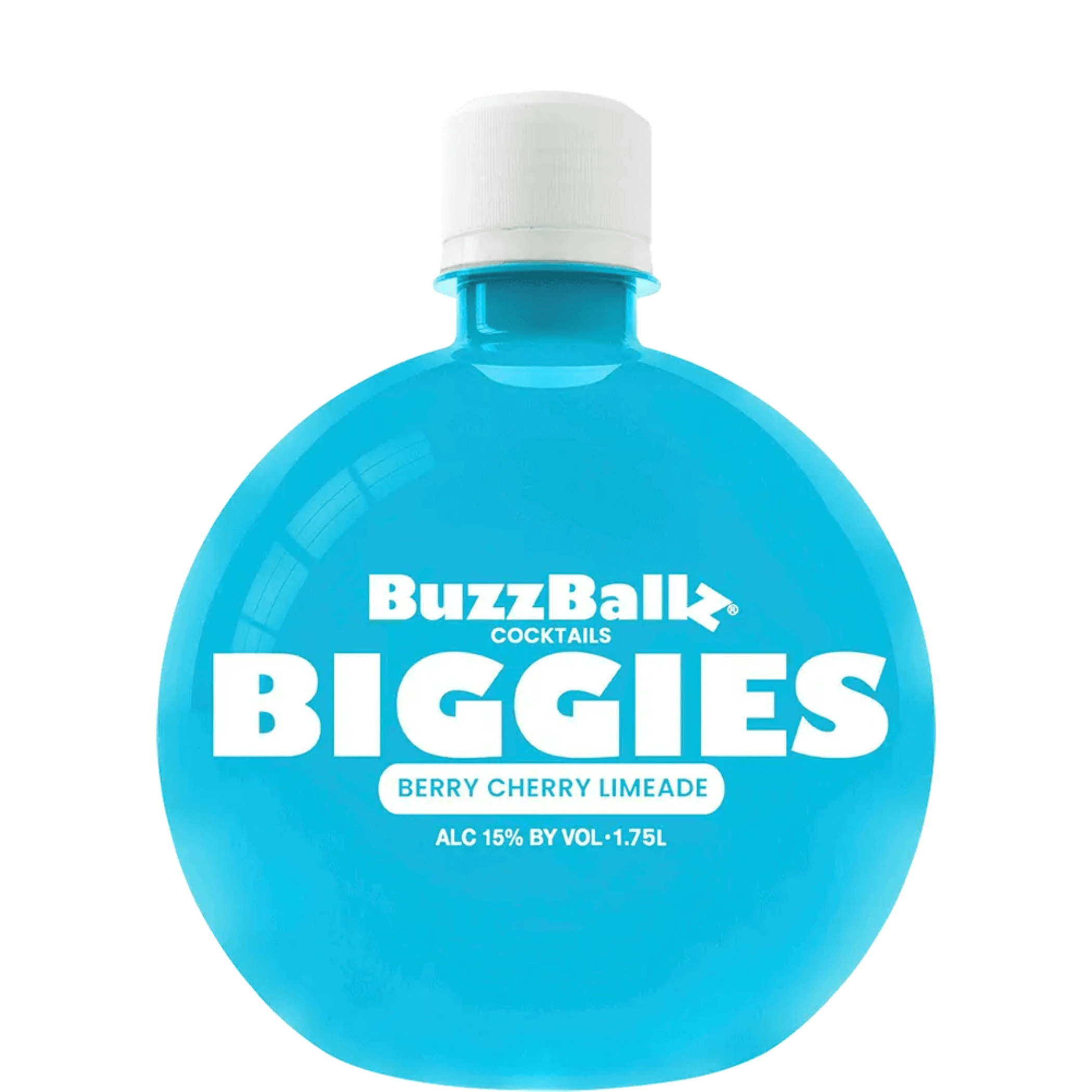 BuzzBallz Biggies Berry Cherry Limeade 1.75L ready-to-drink cocktail bottle, vibrant blue packaging, 15% ABV.