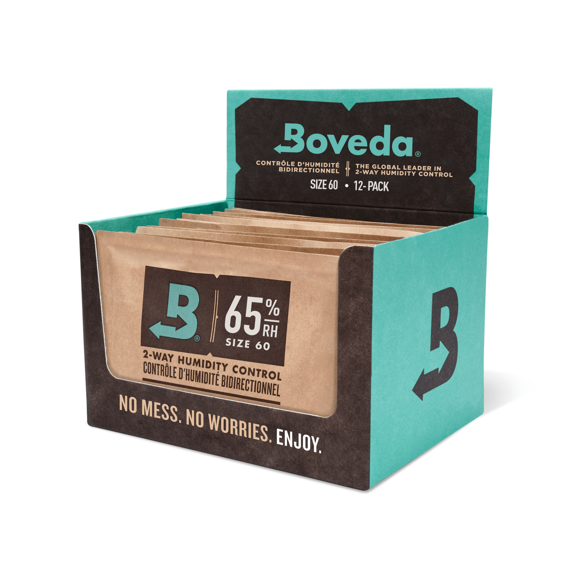 Boveda 60gm humidity control packets for cigars, 65% RH, in open box showing multiple packets, ideal for cigar preservation.