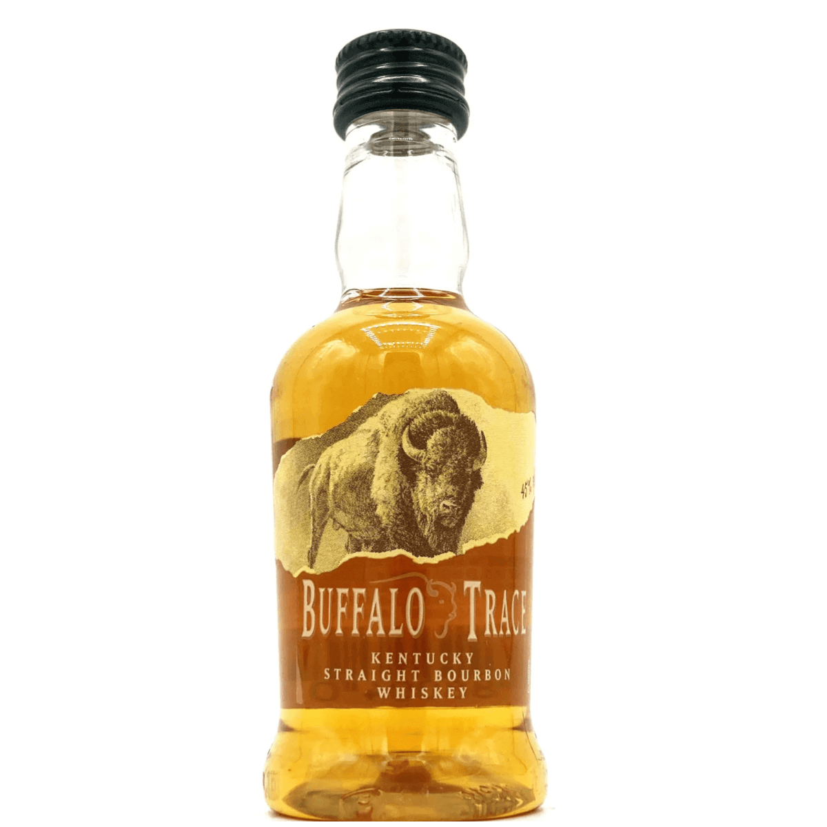 50ml bottle of Buffalo Trace Kentucky Straight Bourbon Whiskey with a buffalo illustration and amber liquid, ideal for sipping.