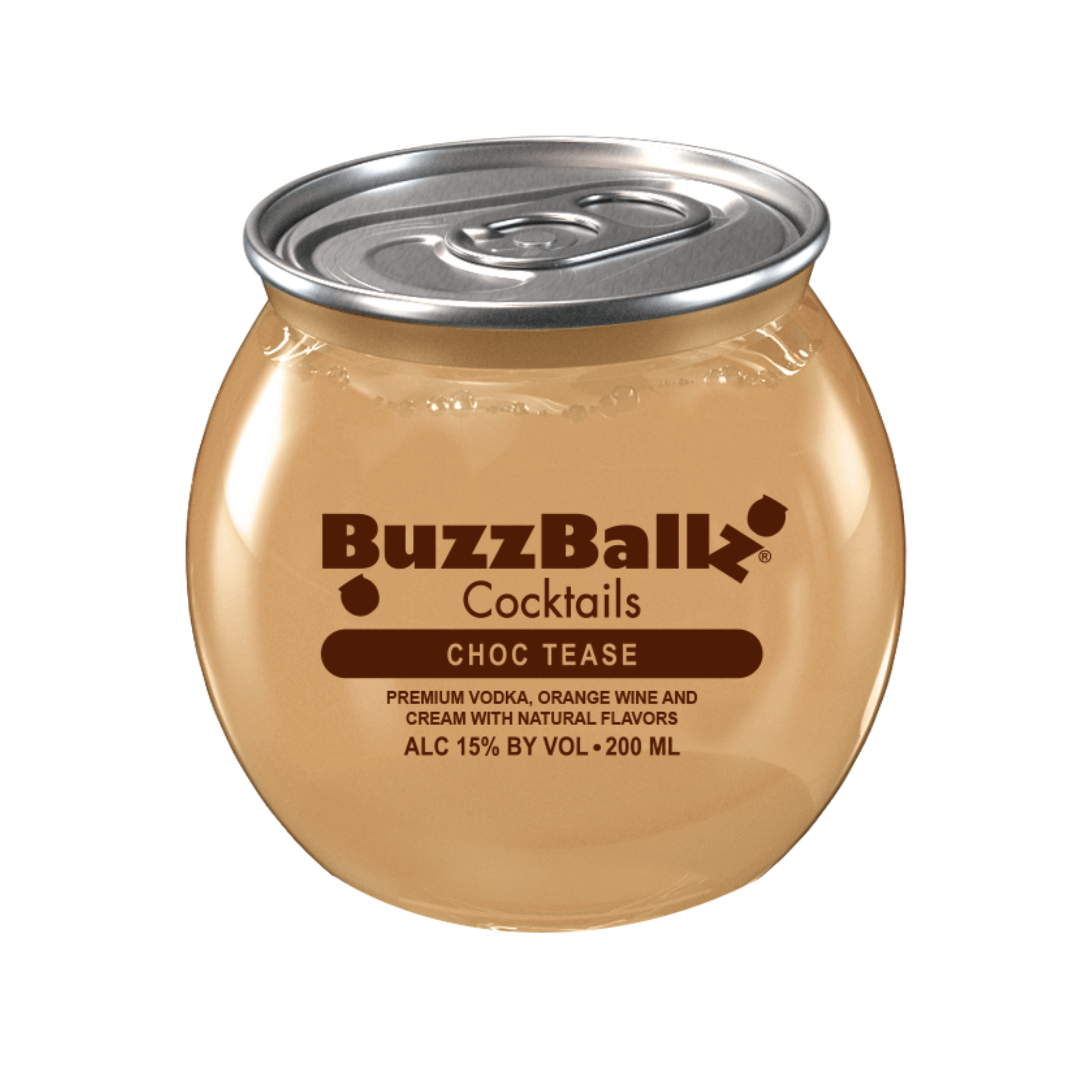 BuzzBallz Cocktails Choc Tease 200ml in spherical container with creamy chocolate flavor, 15% alcohol, indulgent drink.