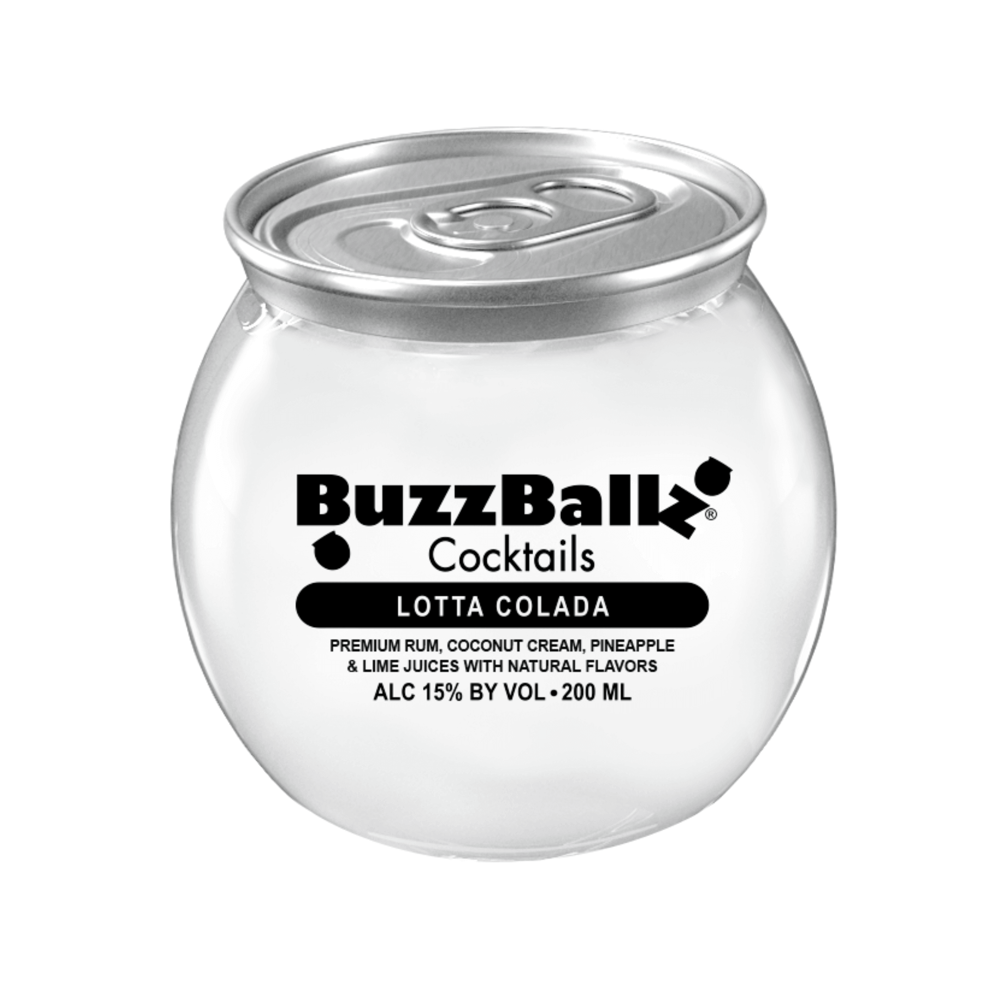 BuzzBallz Lotta Colada 200ML cocktail can with coconut cream and pineapple juice, tropical drink in spherical packaging.