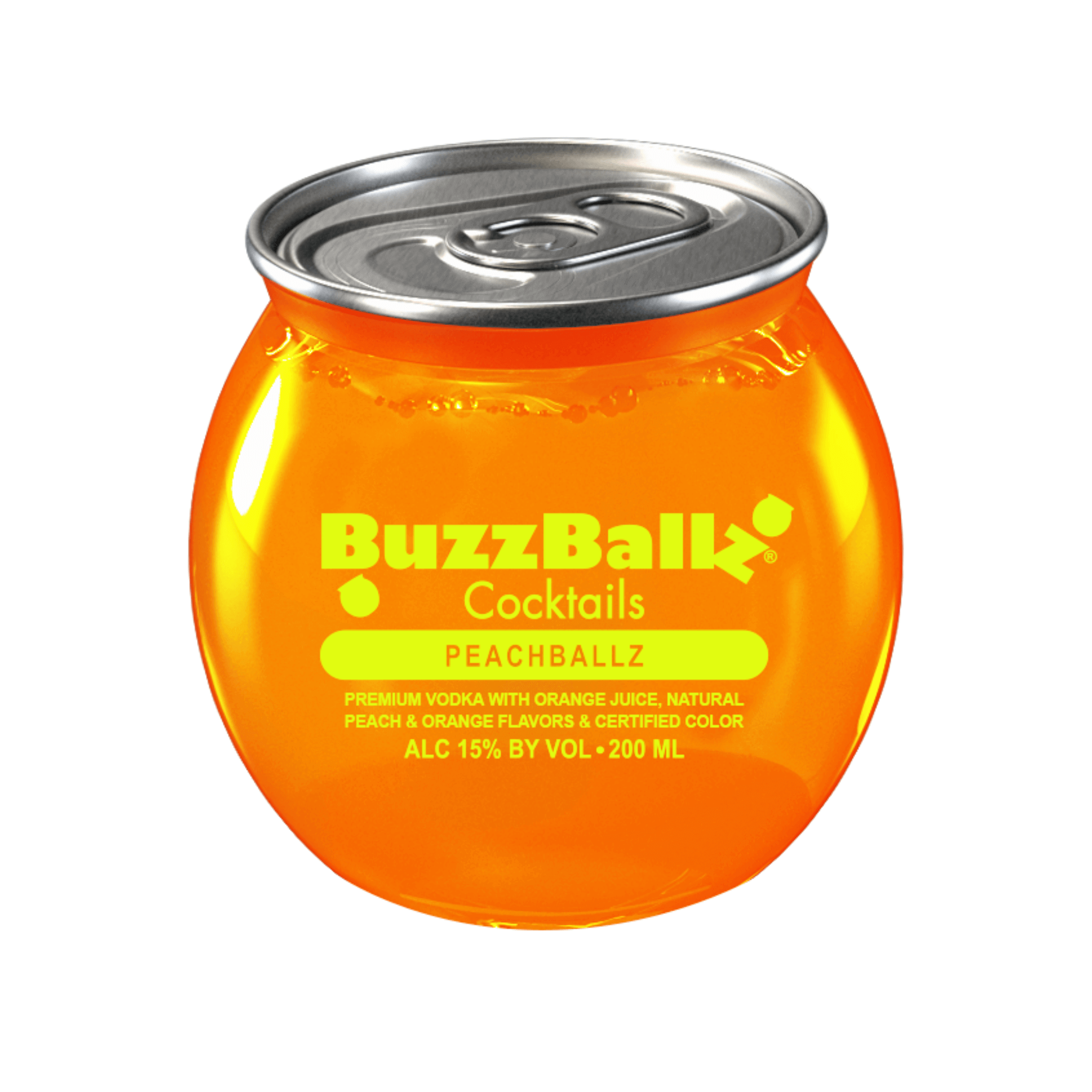 Buzzballz Cocktails Peachballz 200ml can with bright orange color, featuring peach, vodka, and orange flavors, ready-to-drink