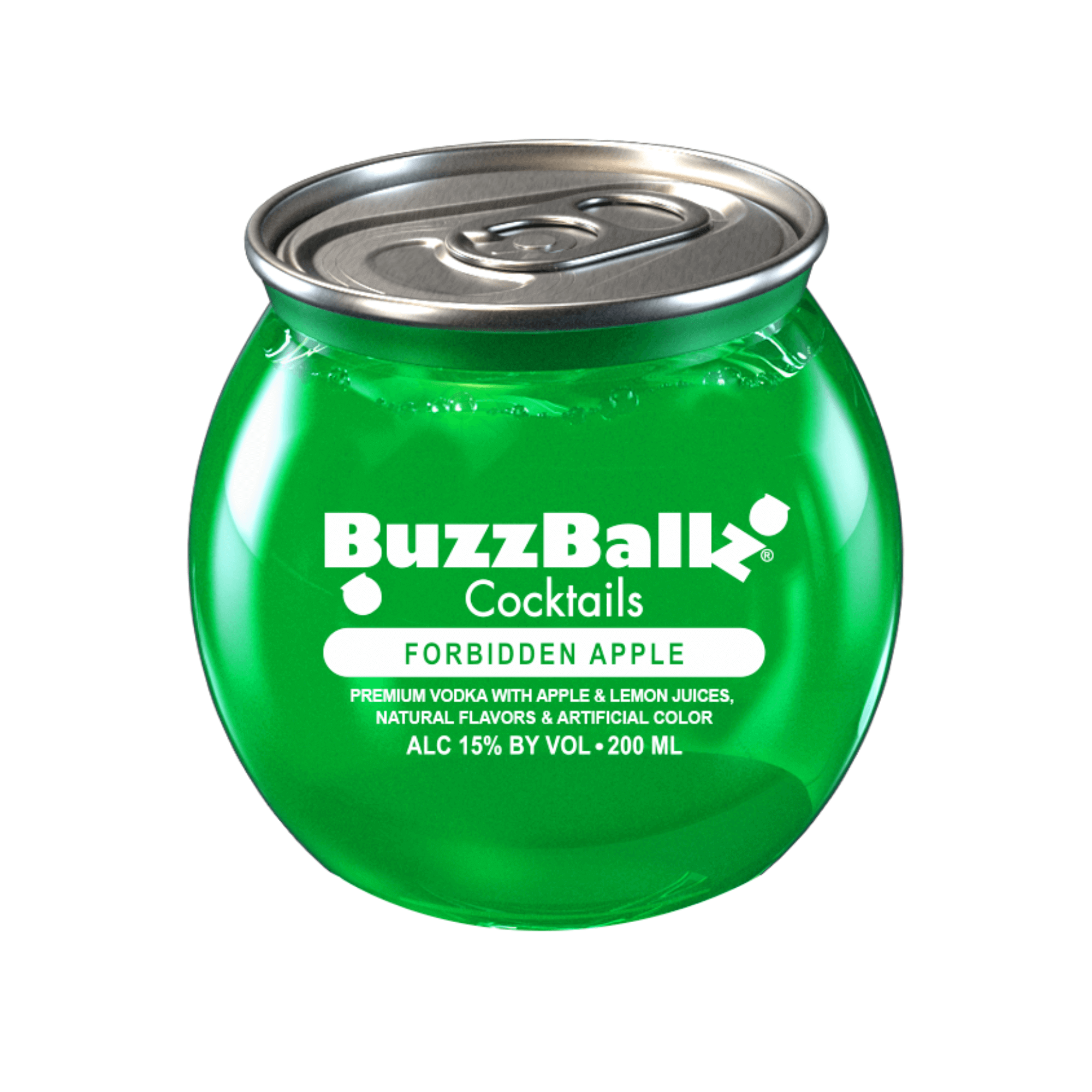 BuzzBallz Cocktails Forbidden Apple 200ml round green can with vodka and apple flavor.