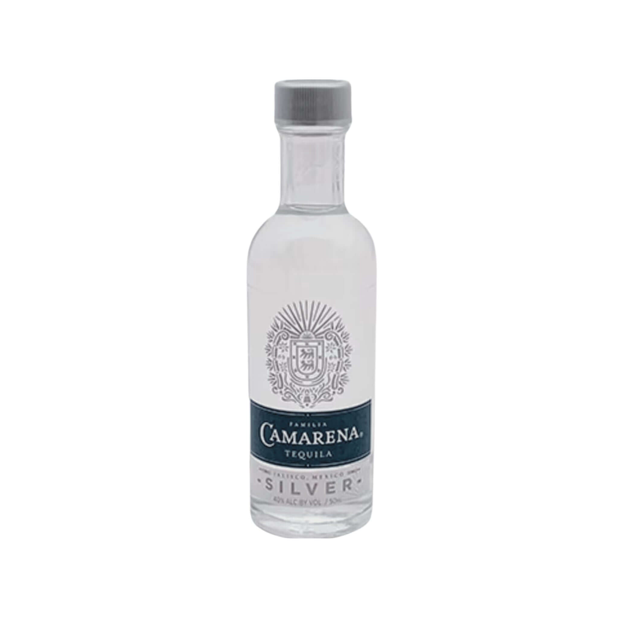Camarena Silver Tequila 50ml bottle from Jalisco Highlands, crafted with blue Weber agave, unaged and vibrant spirit in clear packaging.