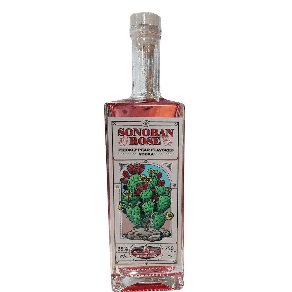 Canyon Diablo Sonoran Rose Vodka 750ml bottle with vibrant label and prickly pear flavor from Flagstaff, Arizona.