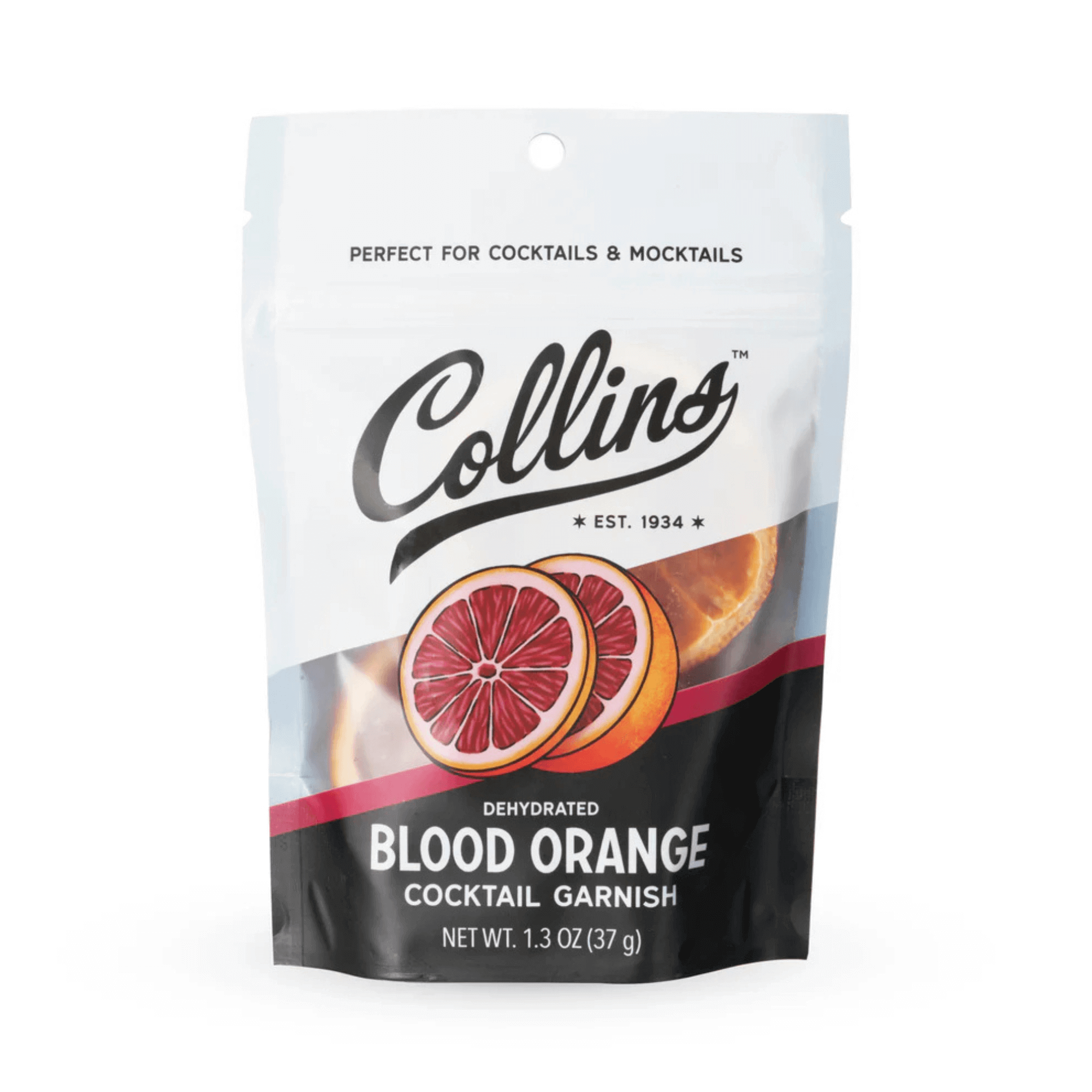 Collins Dehydrated Blood Orange 1.3oz bag, perfect for cocktails, baking, and marinades. Features vibrant dehydrated slices.