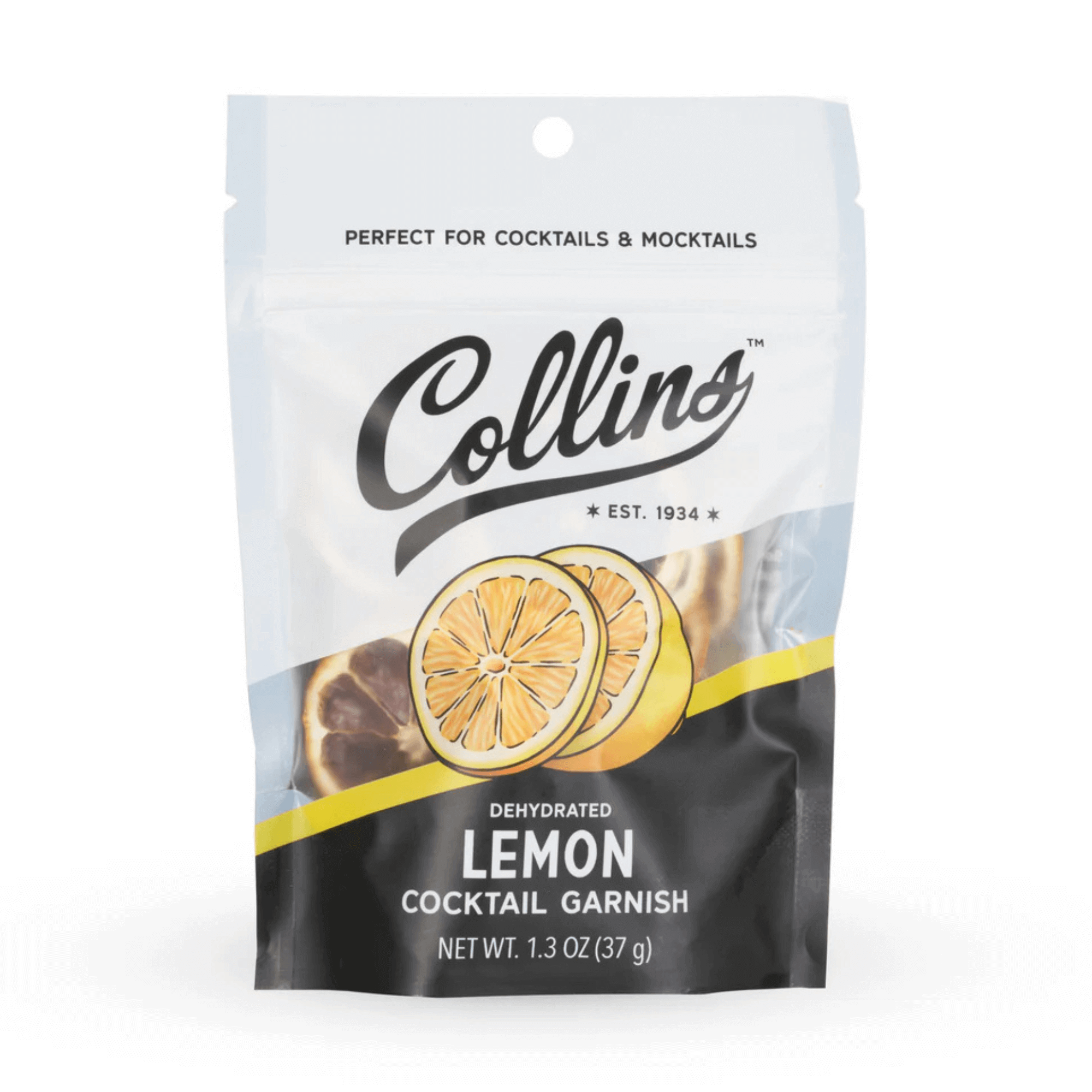 Collins Dehydrated Lemon 1.3oz package for cocktail garnishes and cooking, featuring real lemon slices.