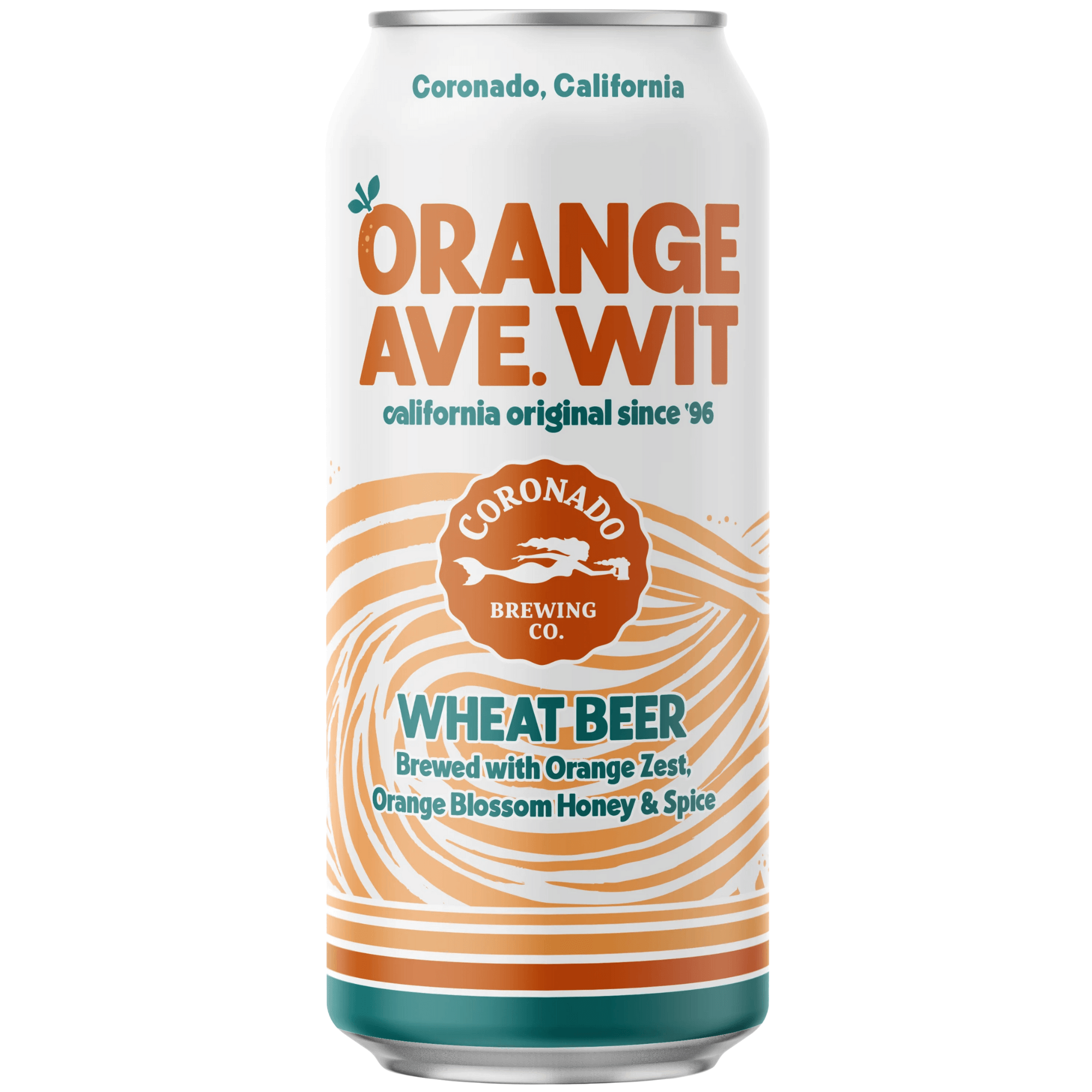 Coronado Brewing Orange Ave. Wit can — wheat beer brewed with orange zest, orange blossom honey, and spice, from Coronado, CA.