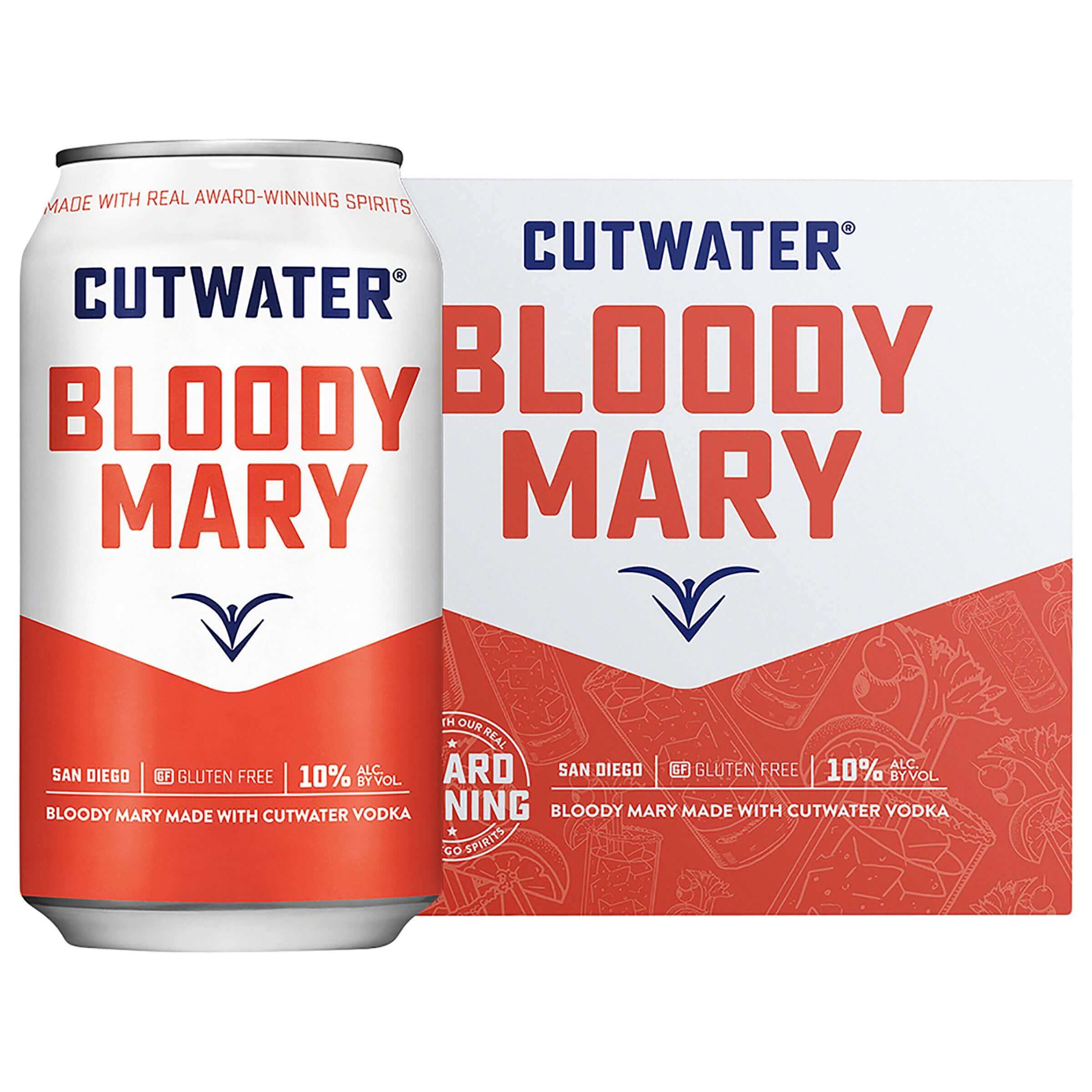 Cutwater Mild Bloody Mary RTD 4 Pack, 12oz can featuring a savory classic cocktail with 10% ABV, made in San Diego, California.